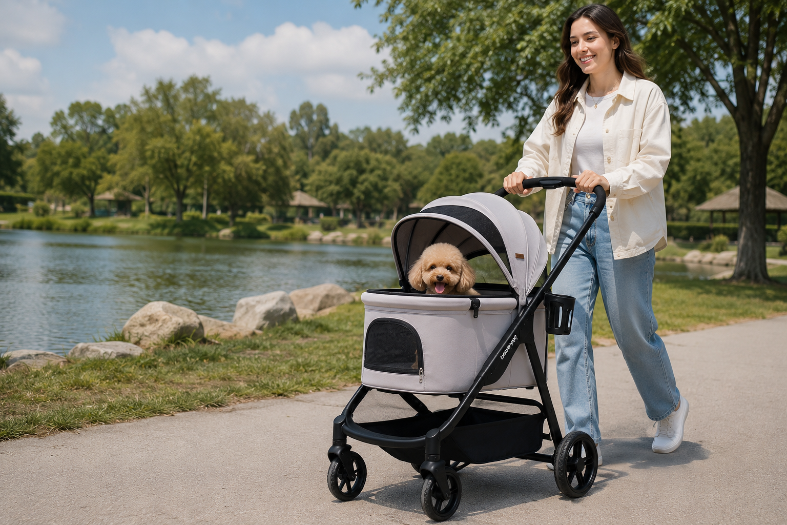 Pet owner walking with a dog in a foldable pet stroller