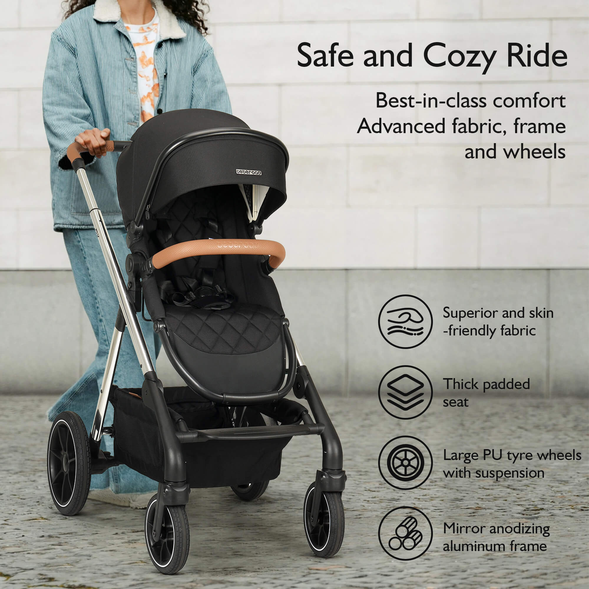 "Beberoad RX Black Baby Stroller with adjustable telescoping handlebar for parents of varying heights"