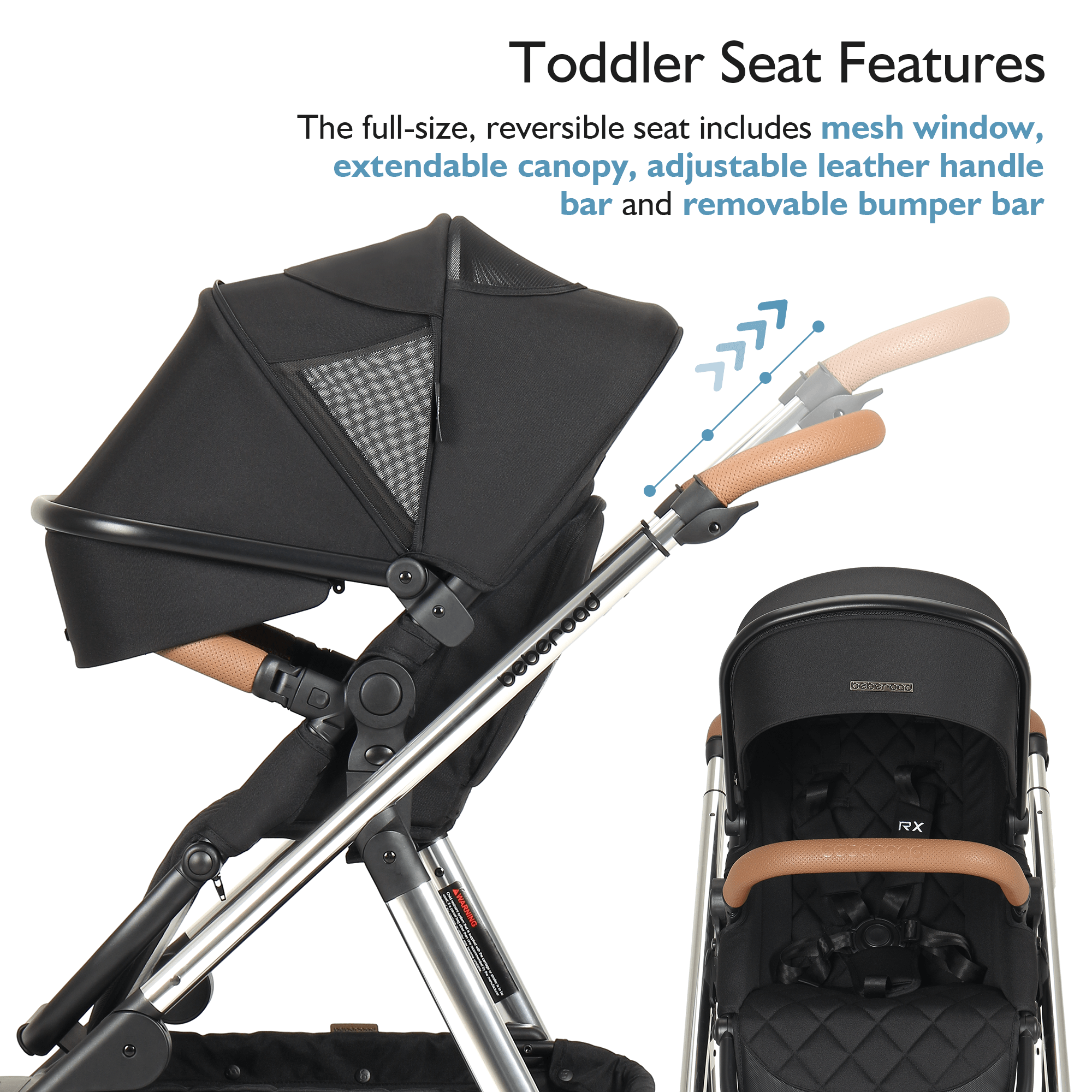 "Beberoad RX Black Baby Stroller with adjustable telescoping handlebar for parents of varying heights"-3