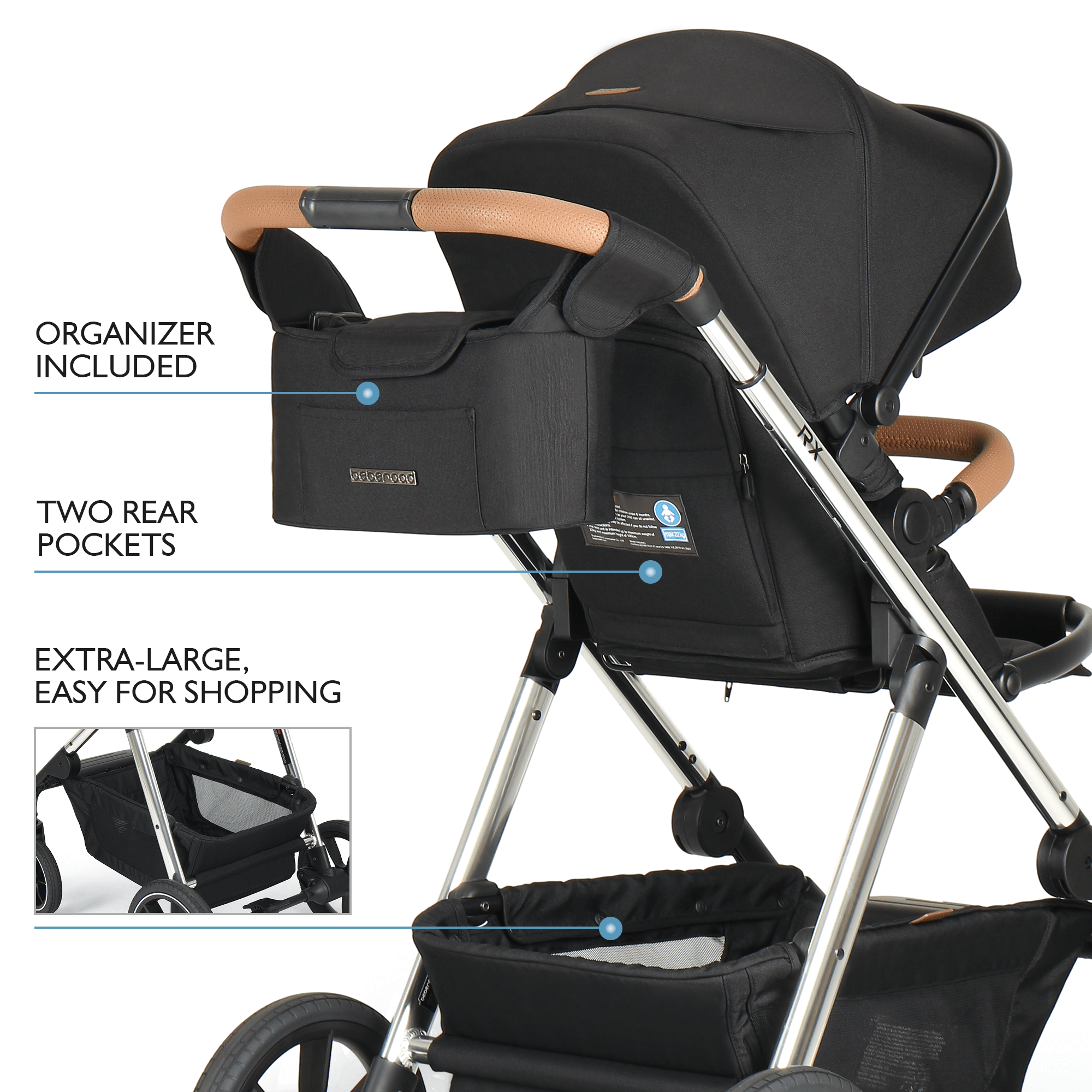 "Beberoad RX Black Baby Stroller with adjustable telescoping handlebar for parents of varying heights"-4