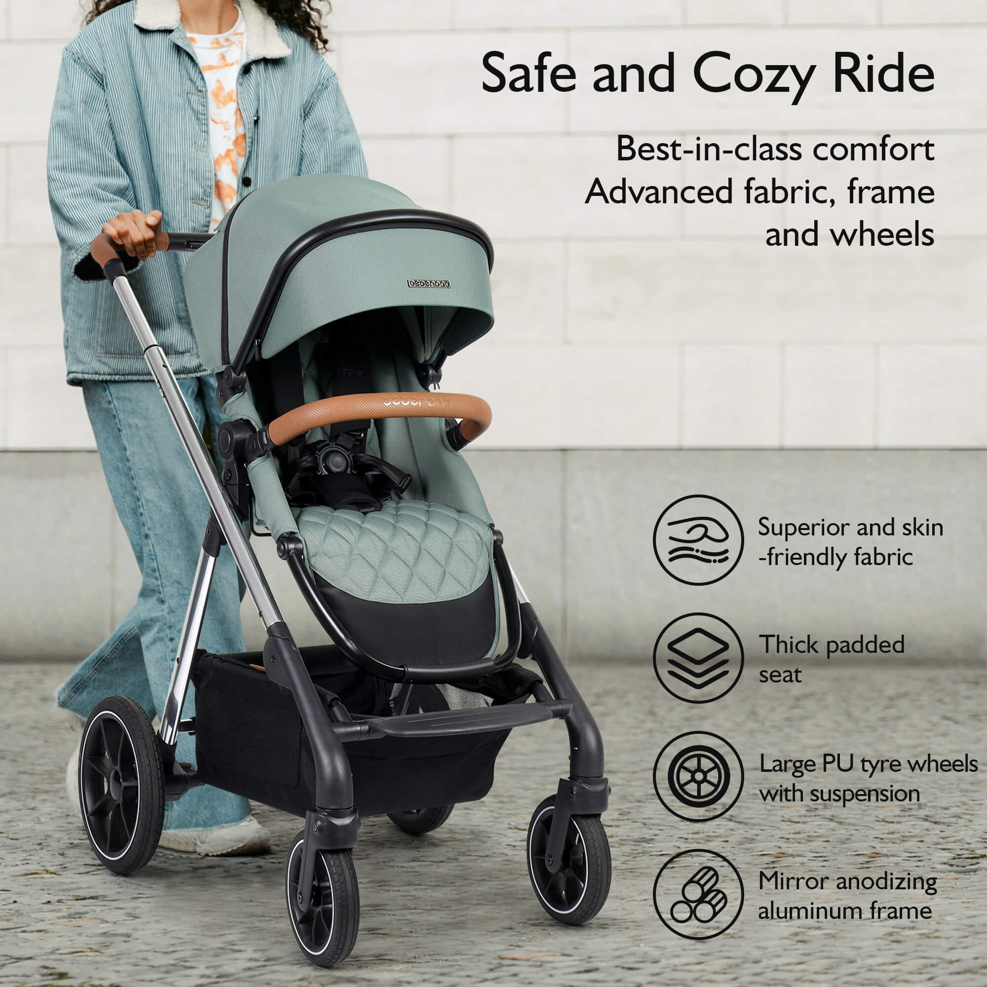 "Beberoad RX 3-in-1 Foldable Baby Stroller in Green with large storage basket and sunshade"