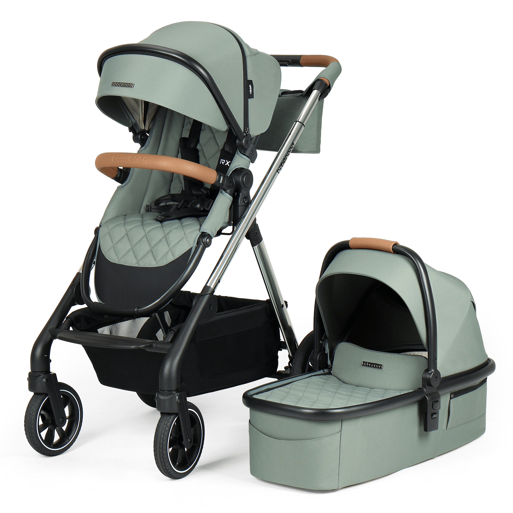 "Beberoad RX 3-in-1 Baby Stroller in Green with bassinet mode for newborns and adjustable canopy"