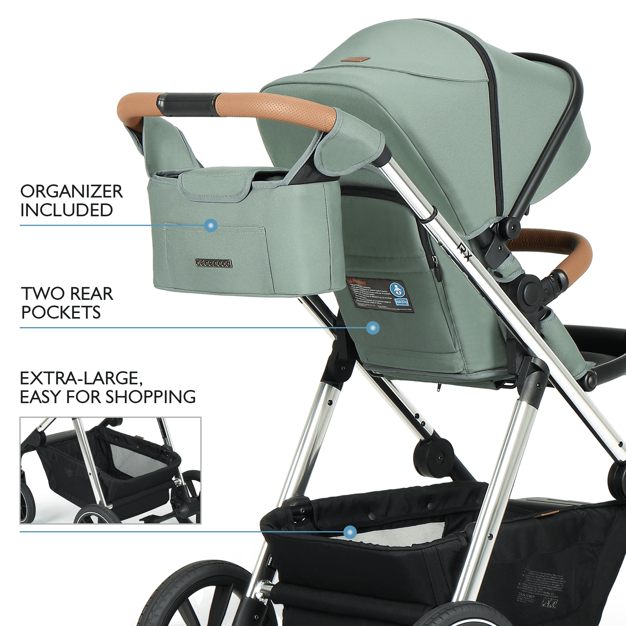 "Beberoad RX 3-in-1 Stroller large PU wheels with suspension for smooth ride on all terrains"