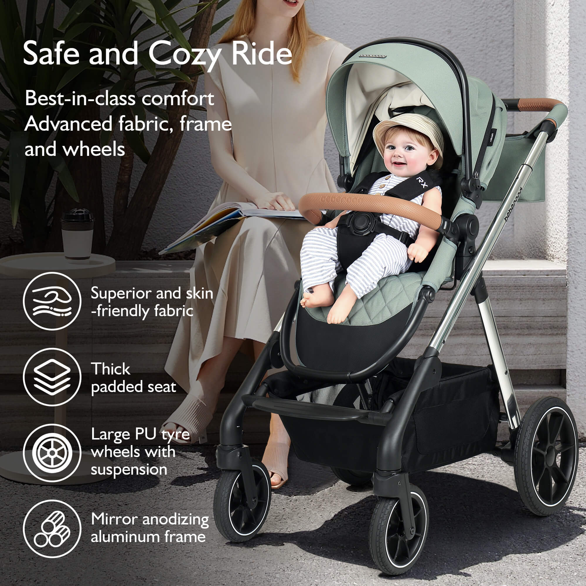 "Beberoad RX Baby Stroller extra-large storage basket with easy access for diaper bags and essentials"