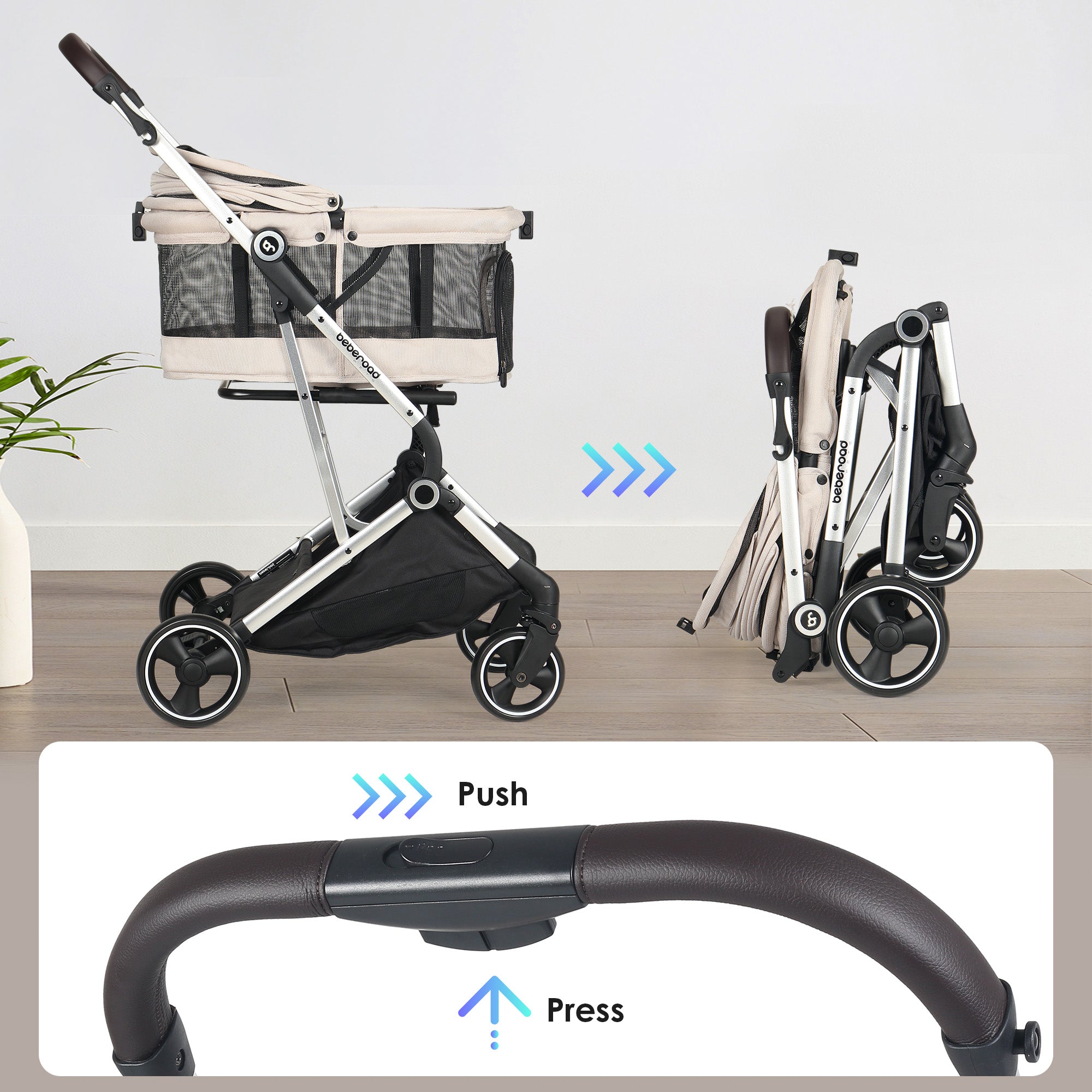 Beberoad T4 Pet Stroller | 4 Wheels Folding | for Small & Medium Pets
