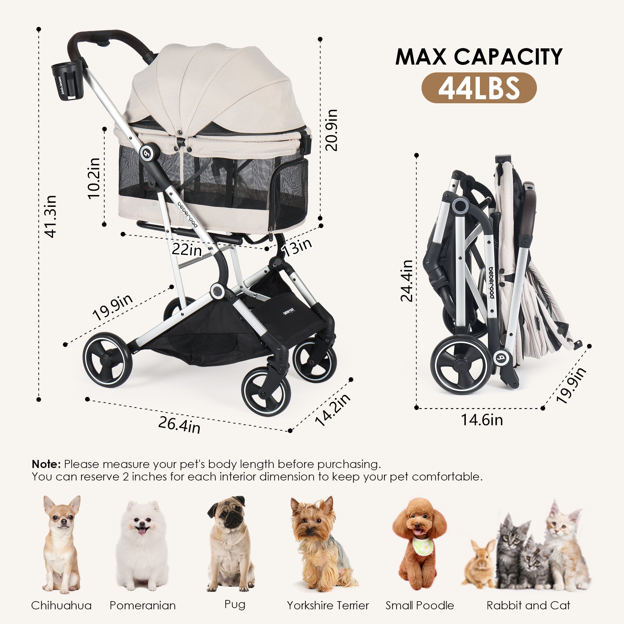 Beberoad T4 Pet Stroller | 4 Wheels Folding | for Small & Medium Pets