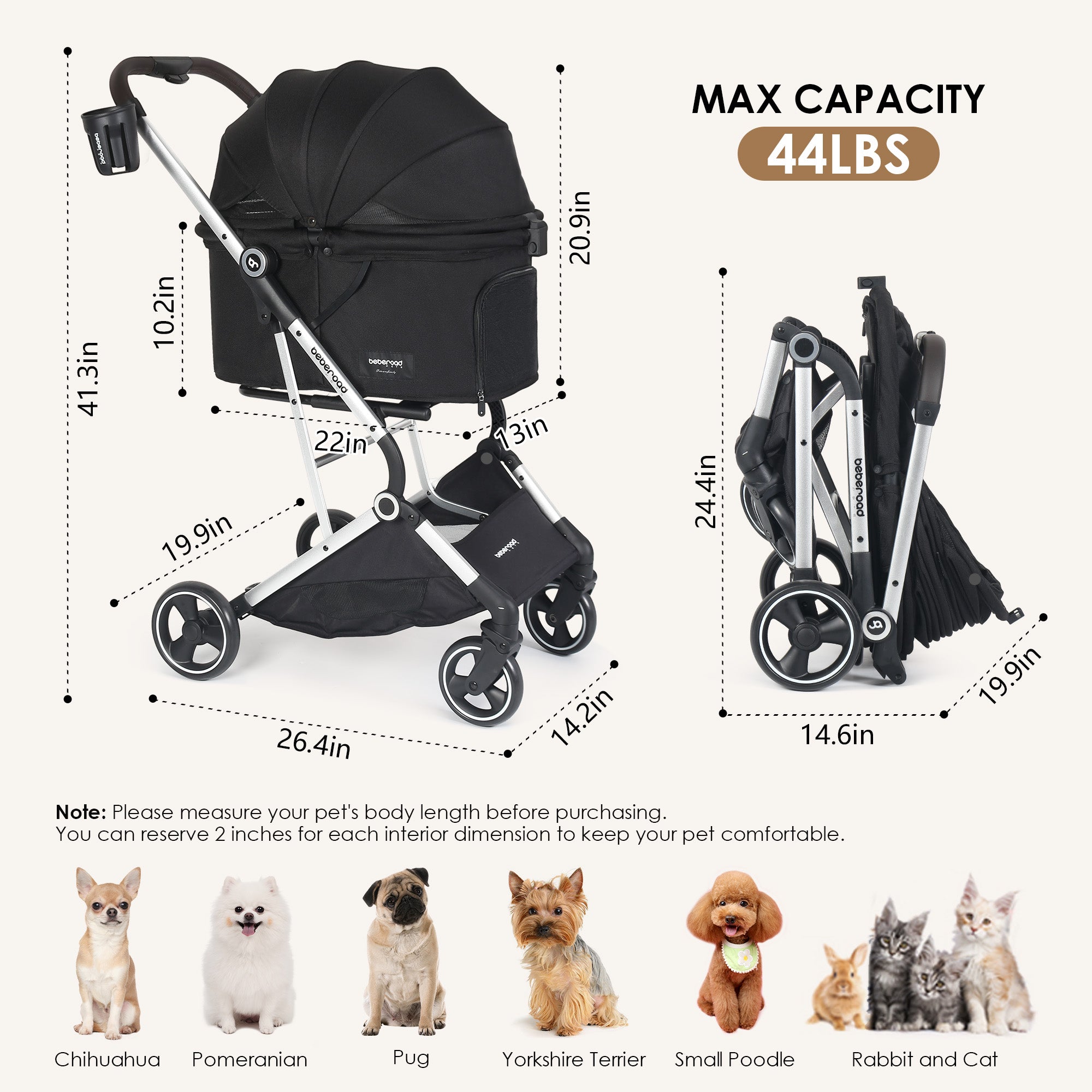 Beberoad T4 Pet Stroller | 4 Wheels Folding | for Small & Medium Pets