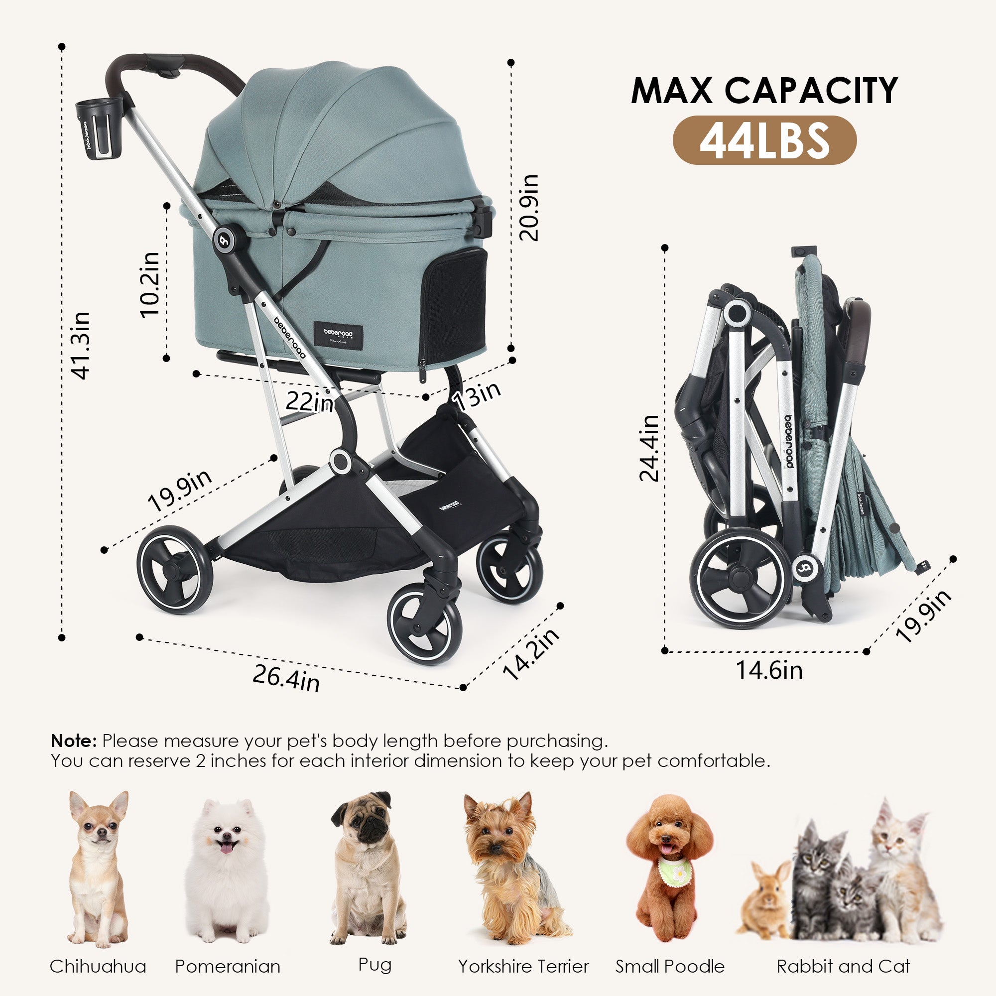 Beberoad T4 Pet Stroller | 4 Wheels Folding | for Small & Medium Pets