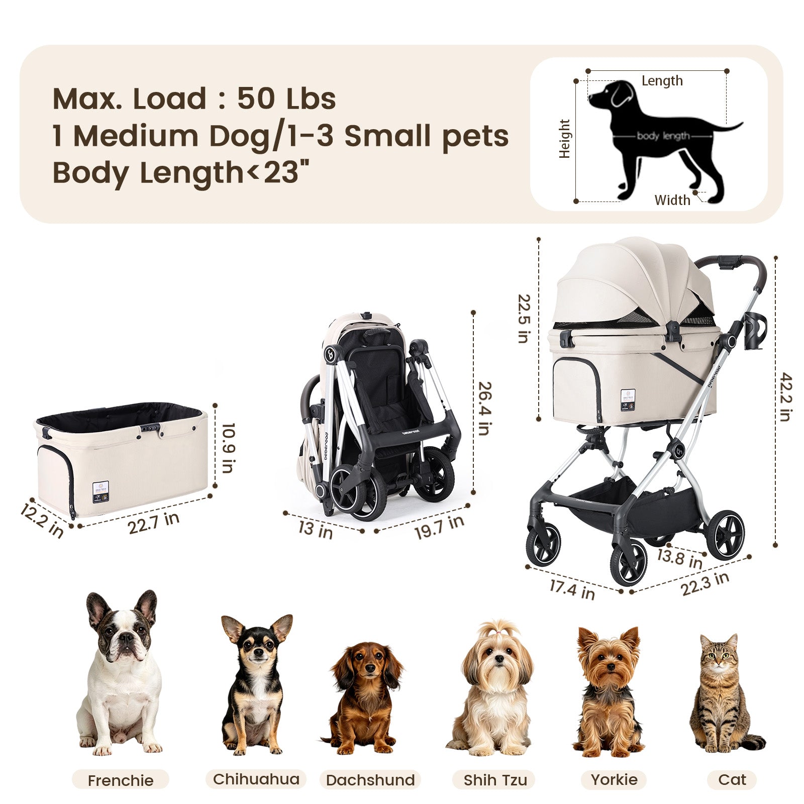 Beberoad T4 Max Auto-Fold Pet Stroller | For 2 Small Cats & Medium Dog