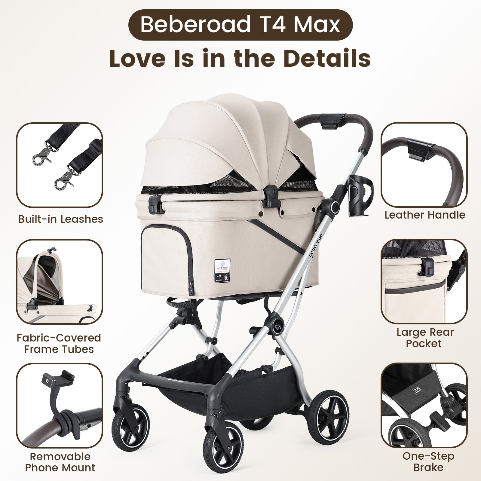 Beberoad T4 Max Auto-Fold Pet Stroller | For 2 Small Cats & Medium Dog