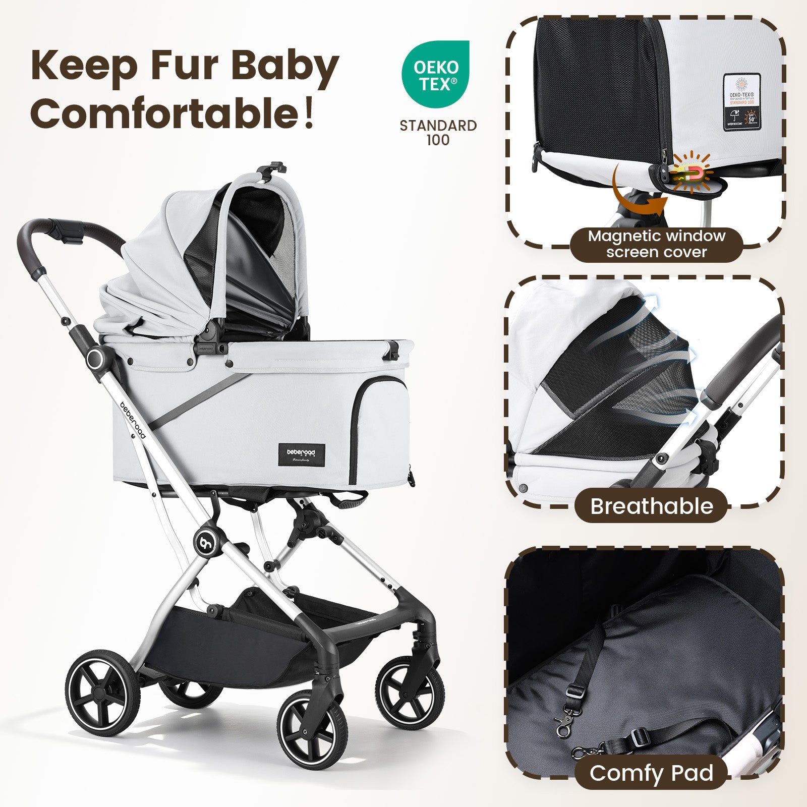 Beberoad T4 Max Auto-Fold Pet Stroller | For 2 Small Cats & Medium Dog