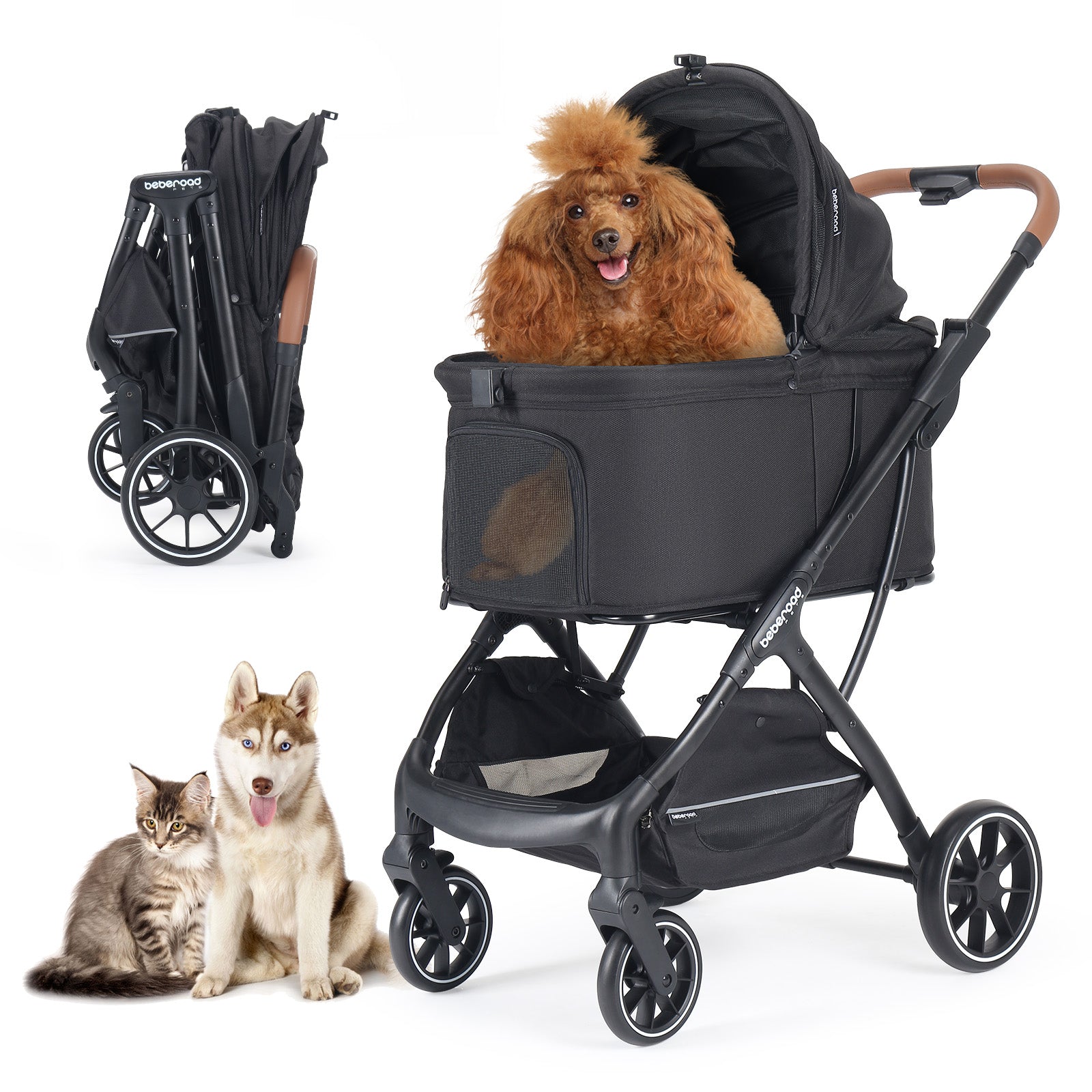 "Beberoad T5 Luxury Pet Stroller in Black with 180° adjustable canopy for medium dogs up to 60lbs"