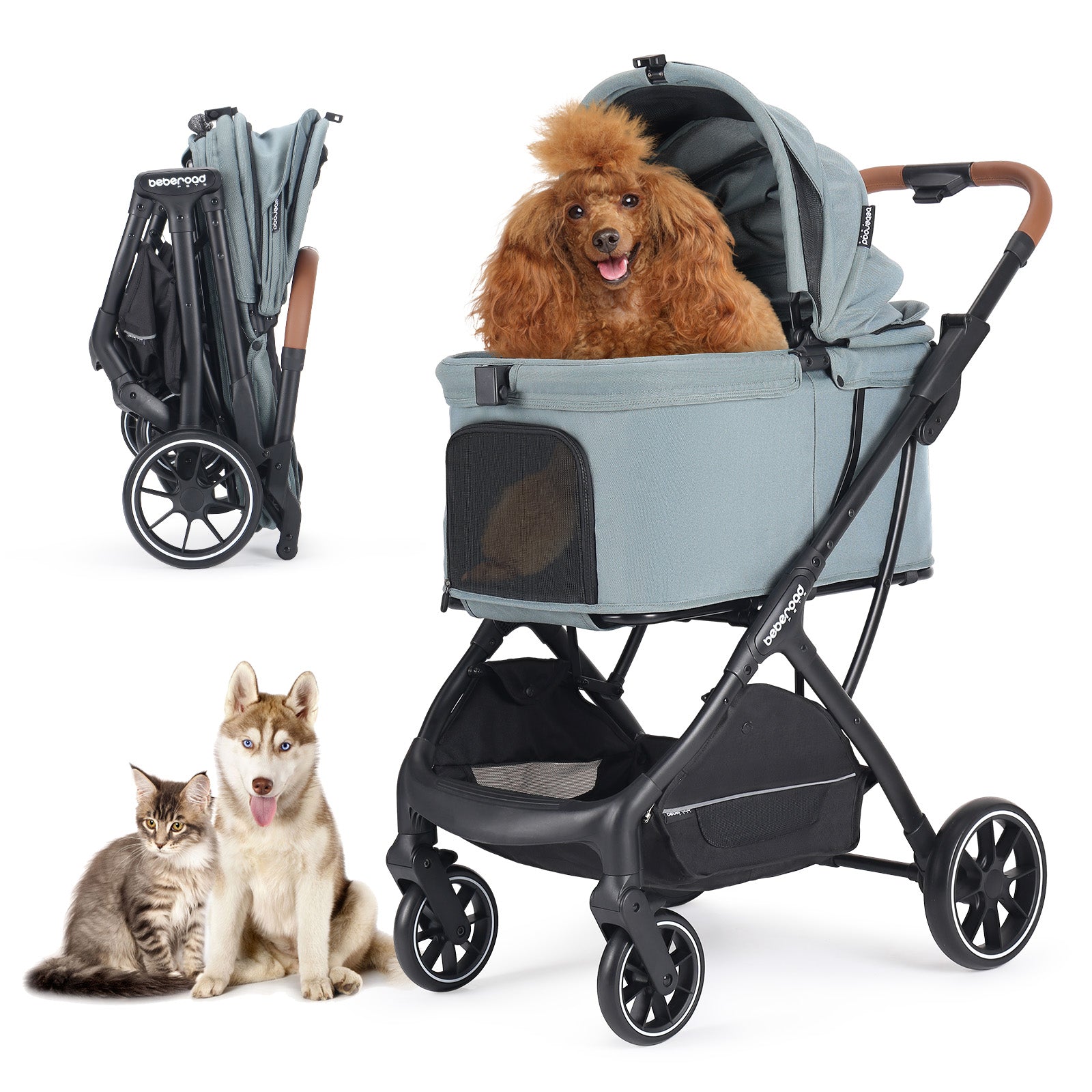 "T5 Luxury Pet Stroller in Green color with foldable design and sun shades for small to medium pets"