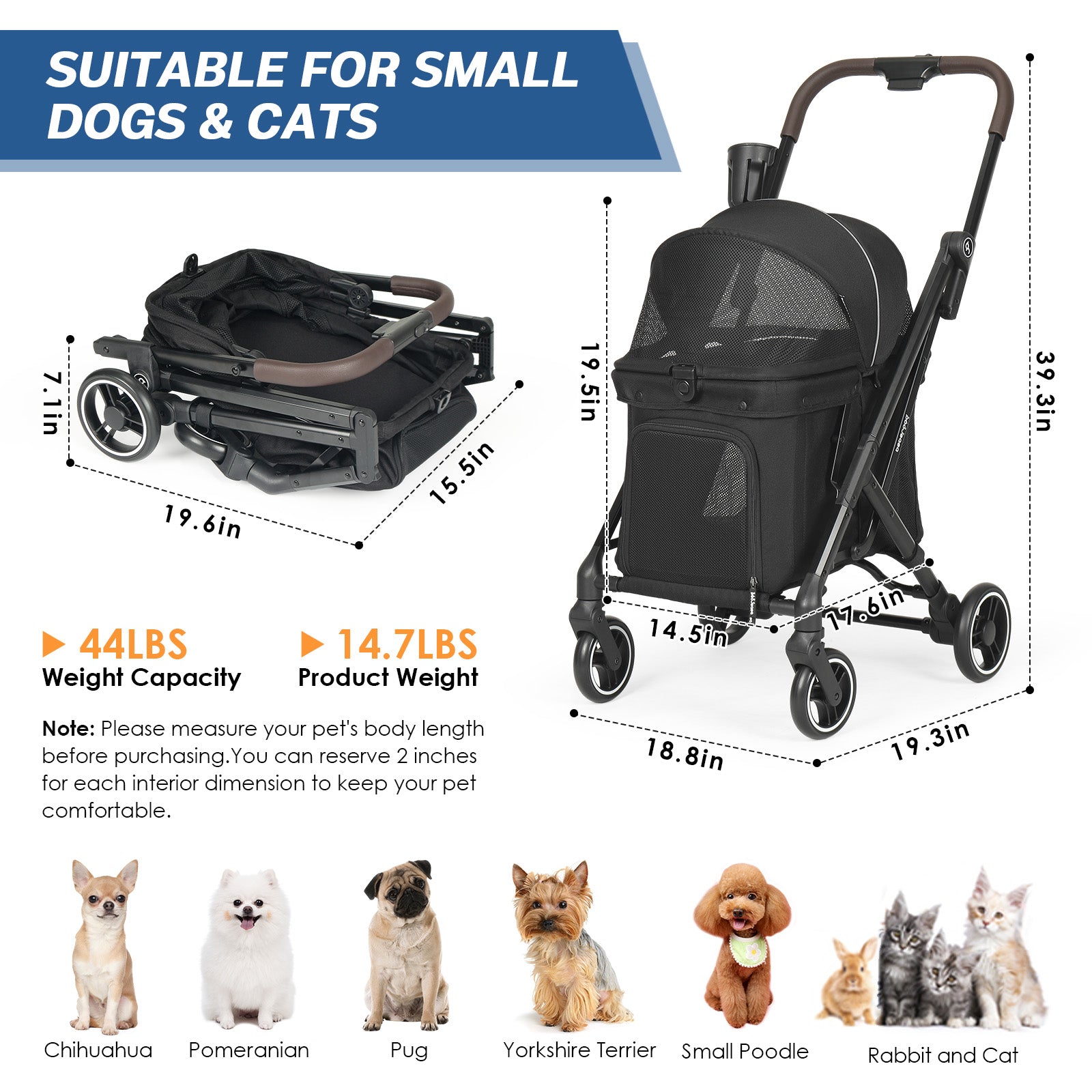 X1 Small Pet Stroller one-hand folding mechanism demonstration showing compact 21.6x18.5x9.5 inch folded size-2