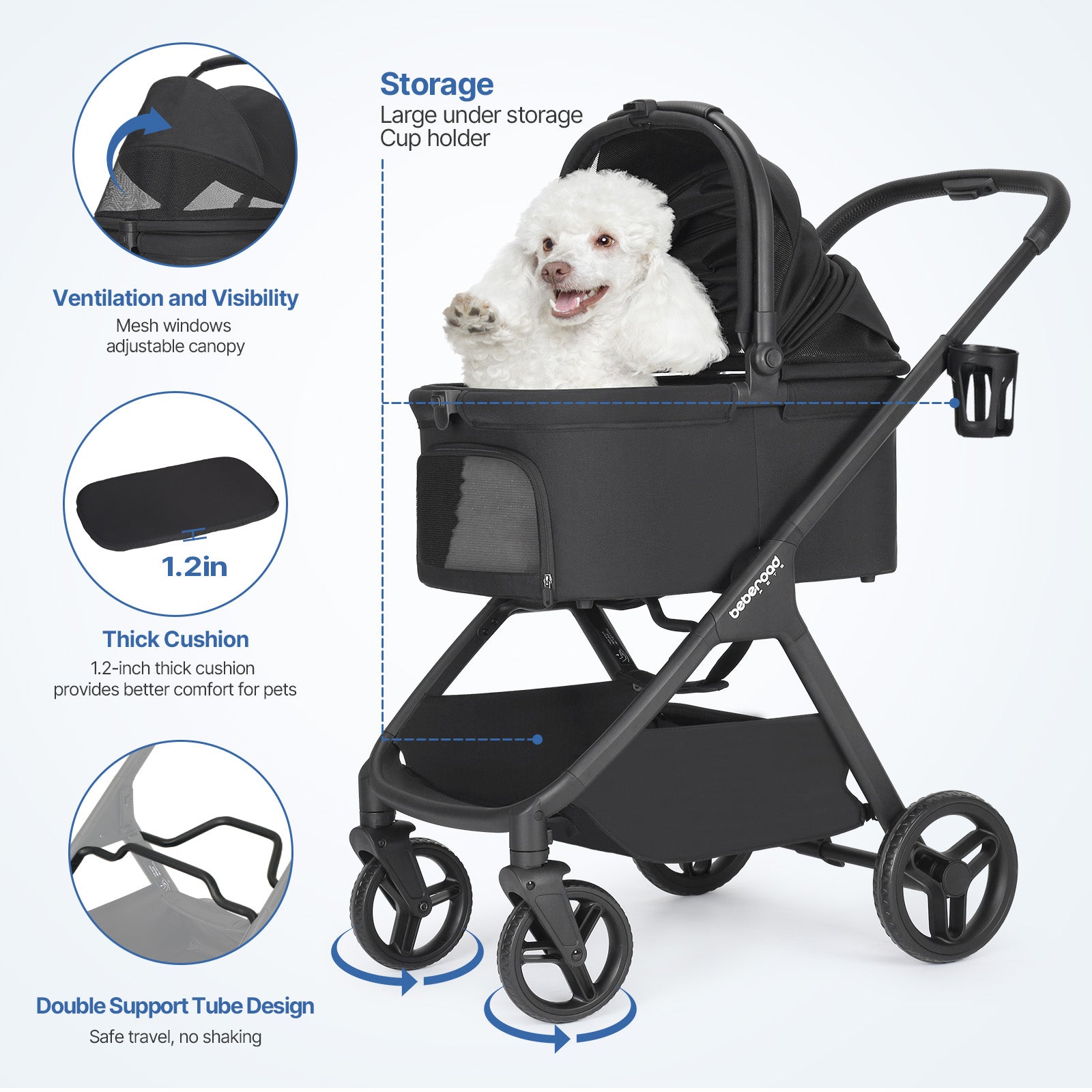 Beberoad X5 Luxury Pet Stroller | Detachable Carrier | for Medium Pets