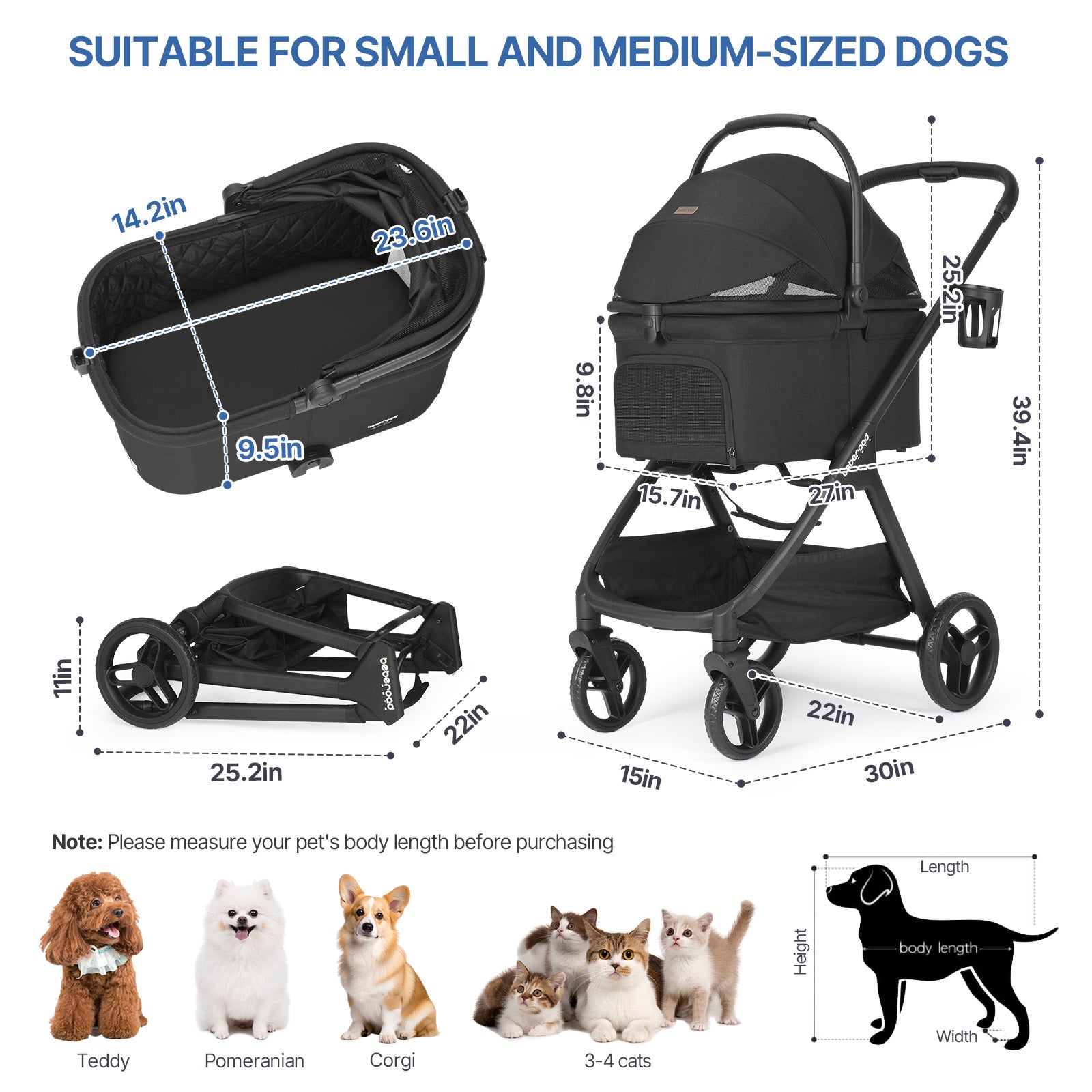 Beberoad X5 Luxury Pet Stroller | Detachable Carrier | for Medium Pets