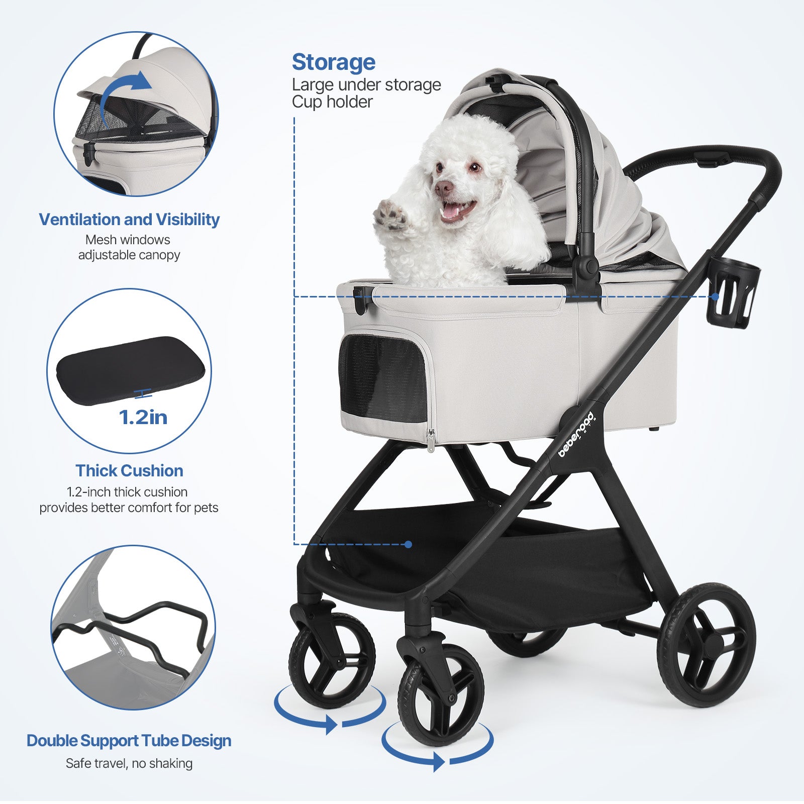 Beberoad X5 Luxury Pet Stroller | Detachable Carrier | for Medium Pets