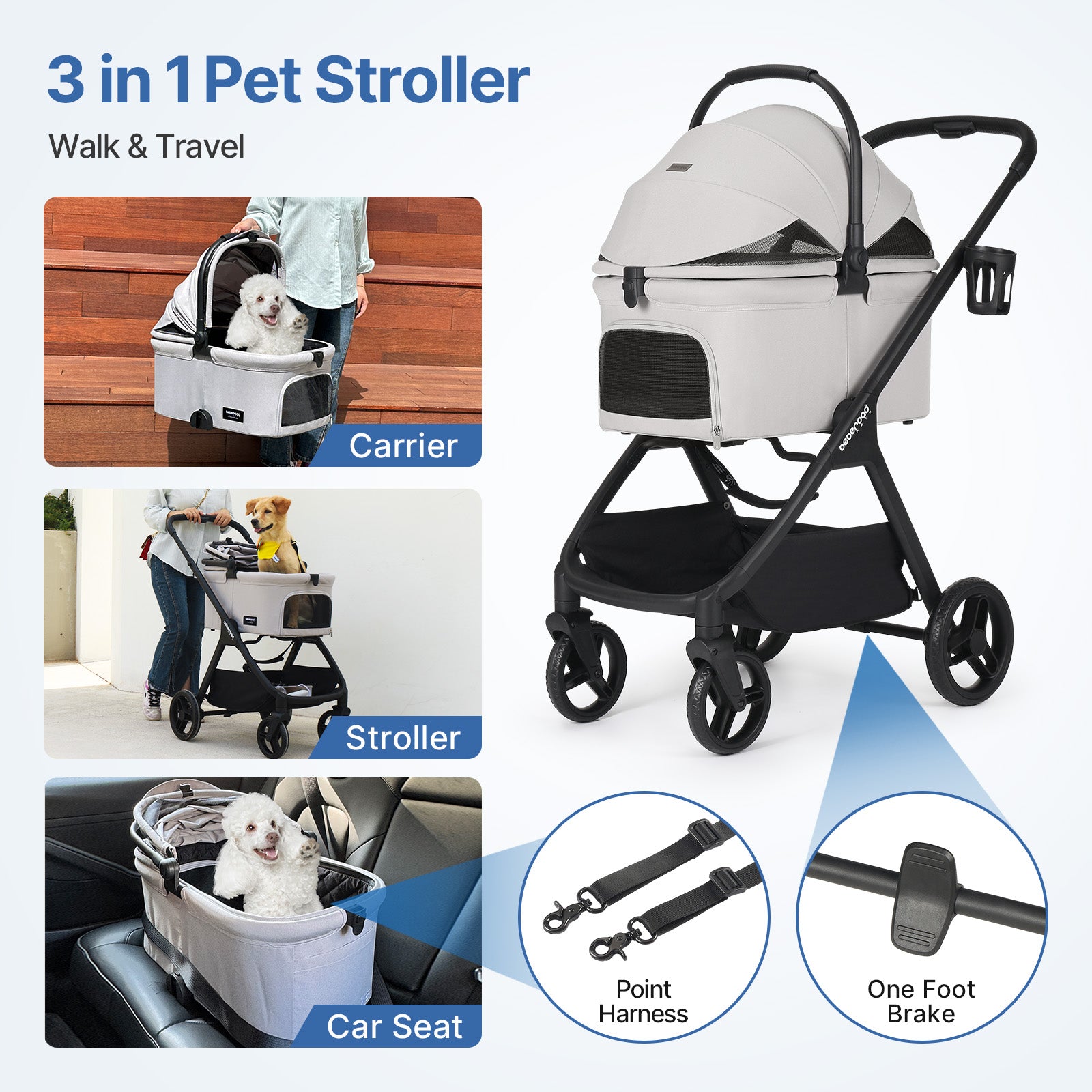 Beberoad X5 Luxury Pet Stroller | Detachable Carrier | for Medium Pets