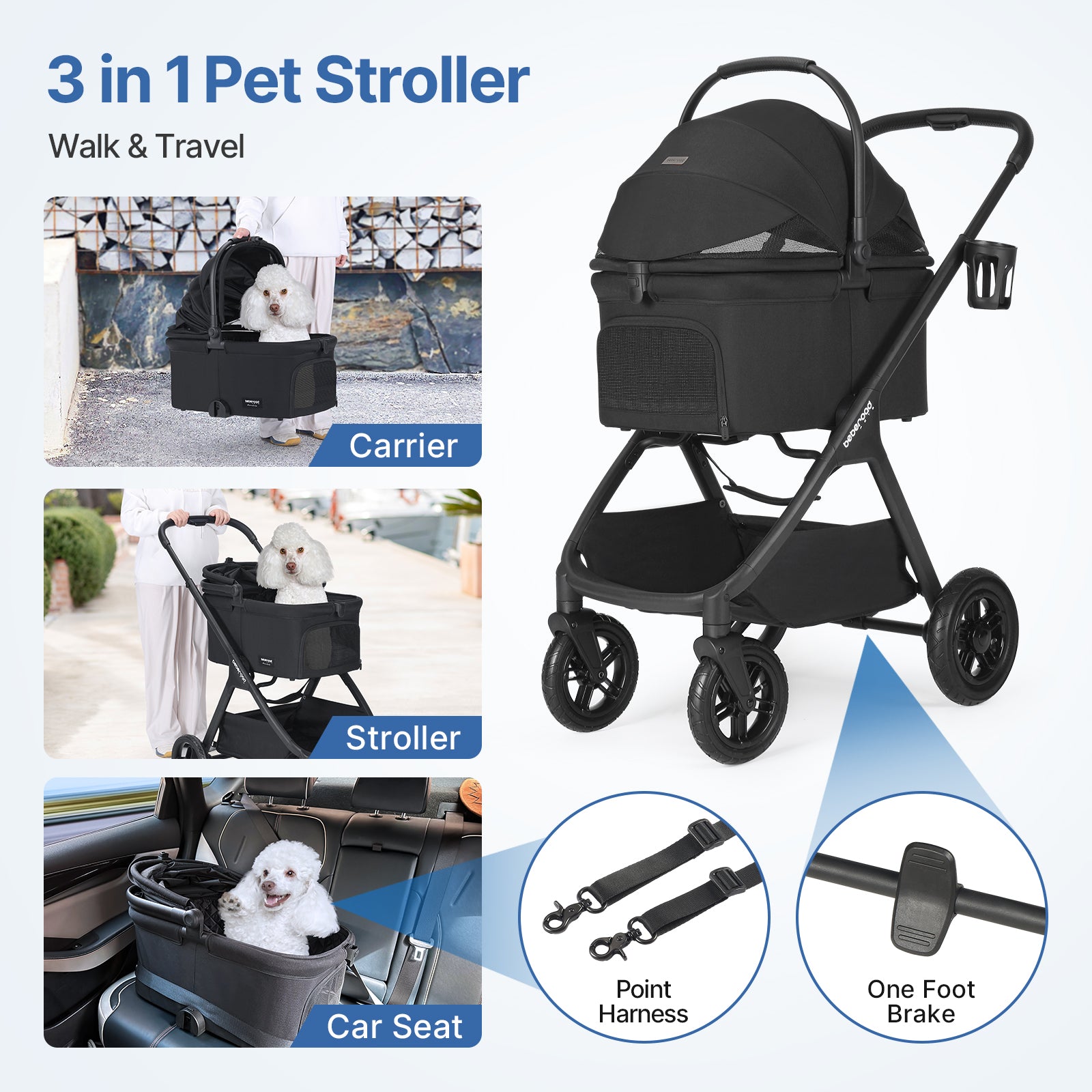 Beberoad X5 Pro Inflatable Wheels Pet Stroller | Black