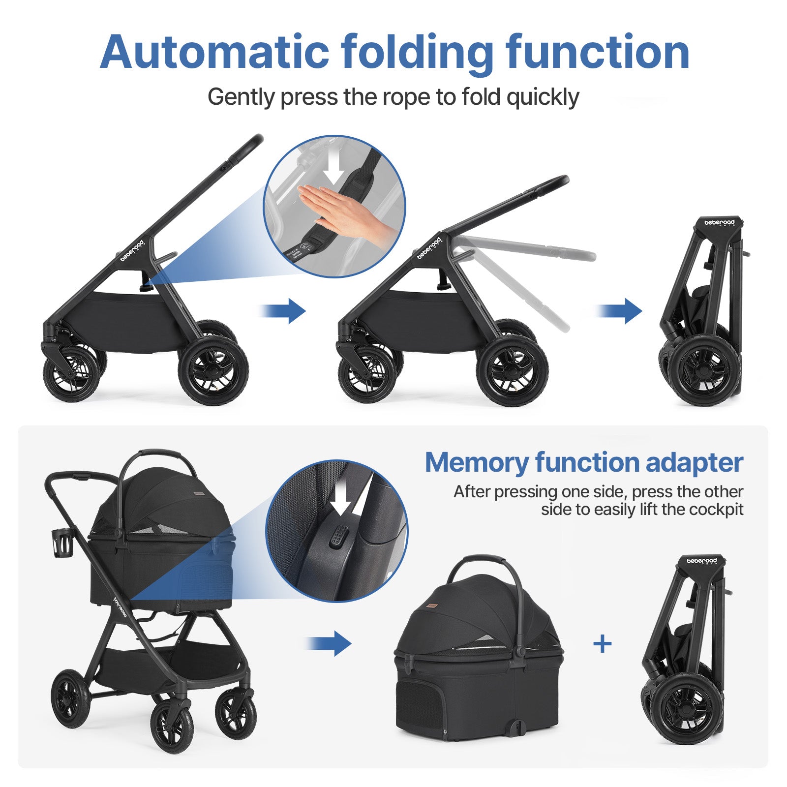 Beberoad X5 Pro Inflatable Wheels Pet Stroller | Black