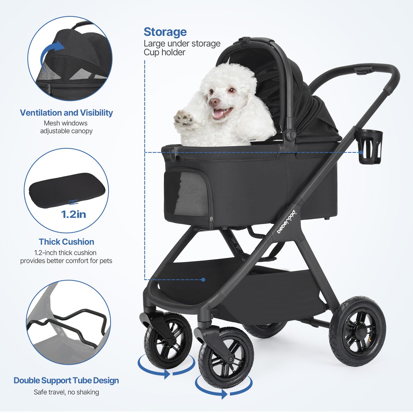 Beberoad X5 Pro Inflatable Wheels Pet Stroller | Black