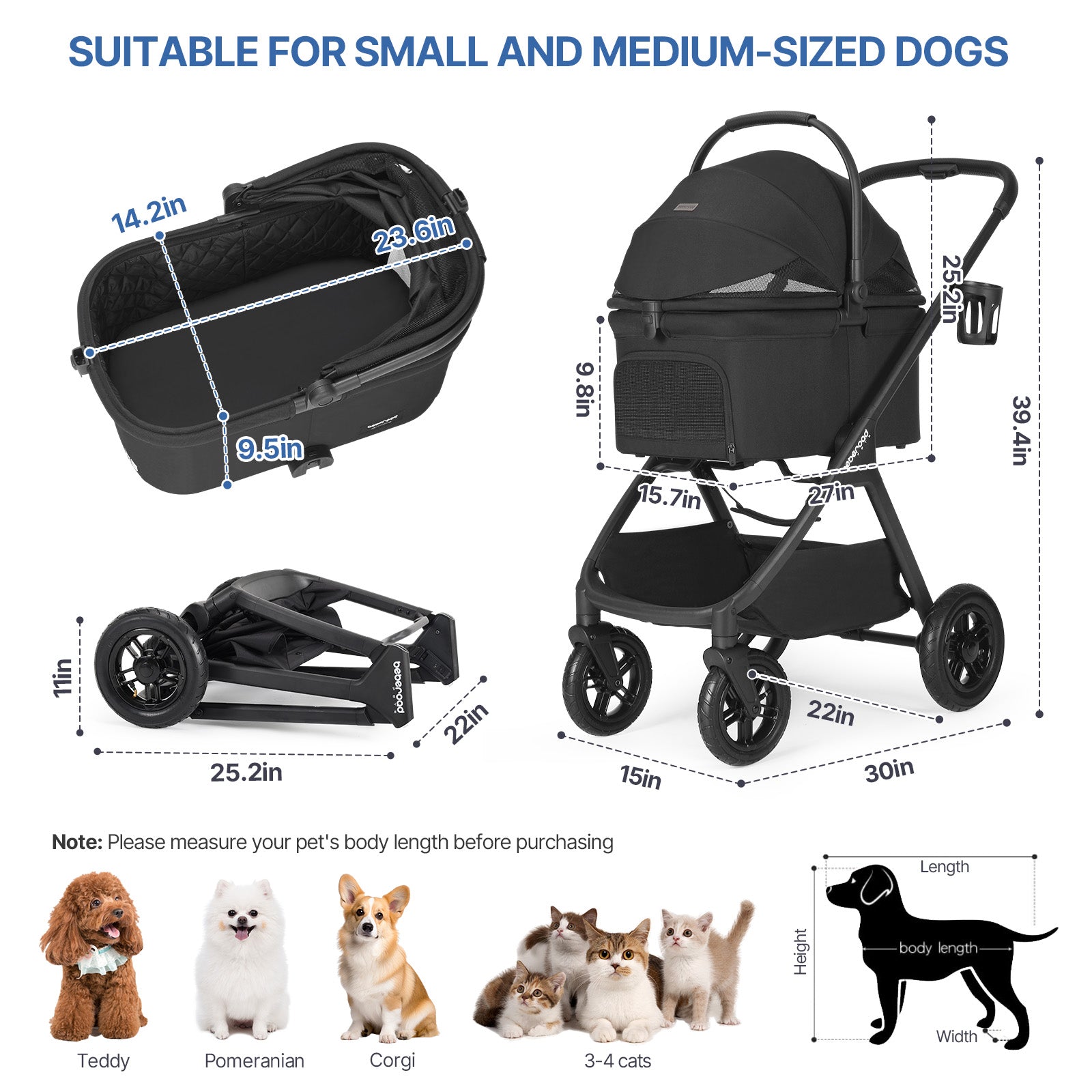 Beberoad X5 Pro Inflatable Wheels Pet Stroller | Black