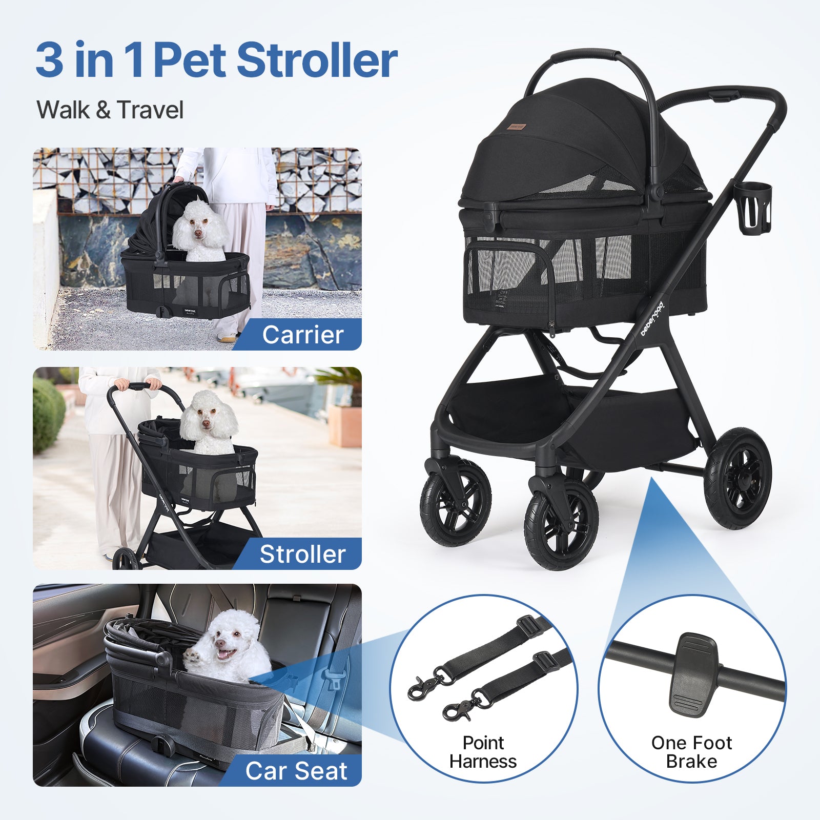 Beberoad X5 Pro Luxury Pet Stroller | Detachable Carrier | for Medium Pets
