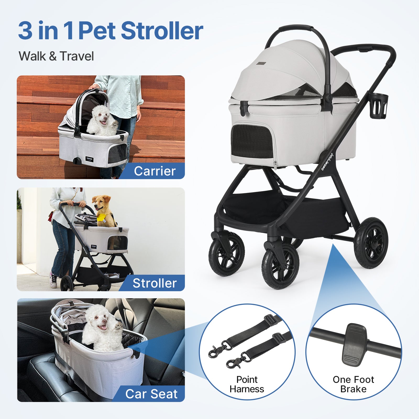 Beberoad X5 Pro Inflatable Wheels Pet Stroller | Gray