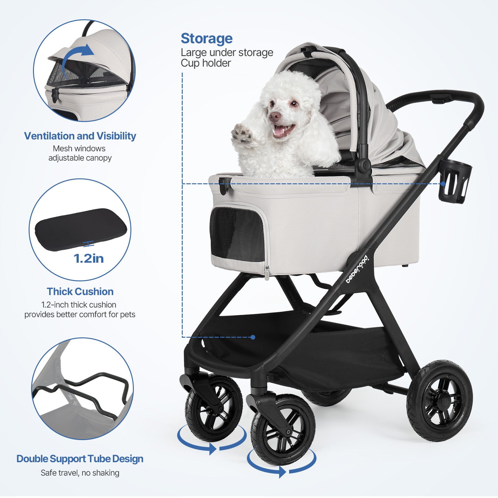 Beberoad X5 Pro Inflatable Wheels Pet Stroller | Gray