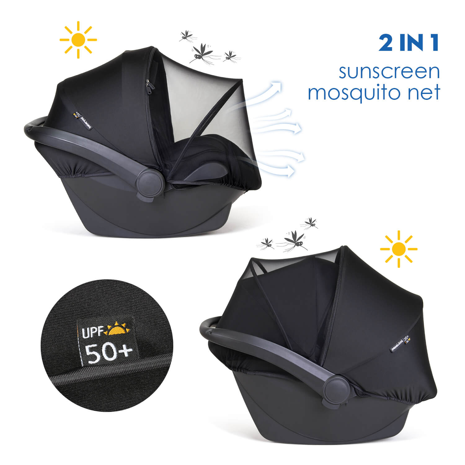 Beberoad 2-in-1 Mosquito Net & Sunshade for Car Seat (Universal)| with 2 Way Zipper UV Protection