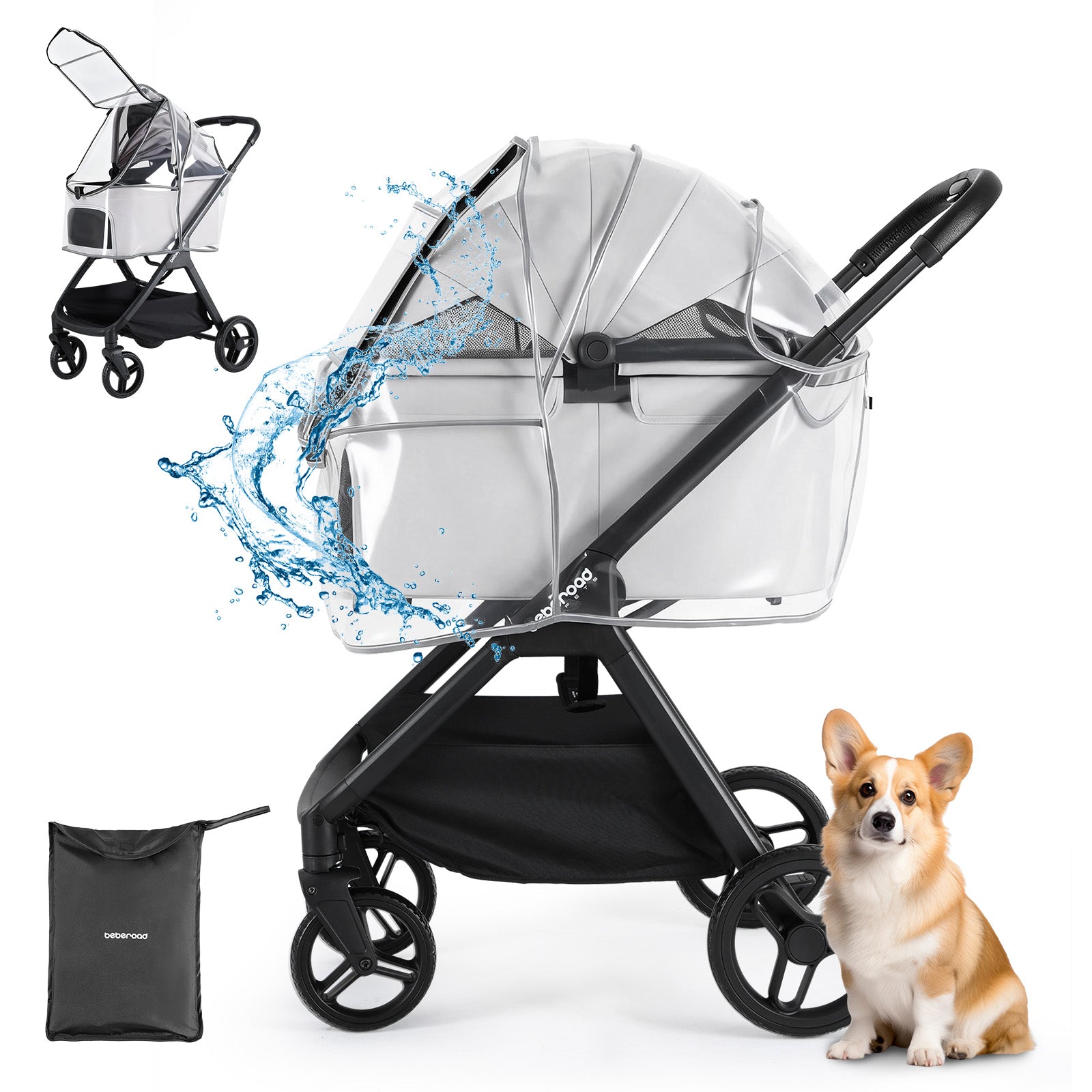 Beberoad Pet Stroller Rain Cover - Foldable Clear Protection for Snow, Wind & Rain