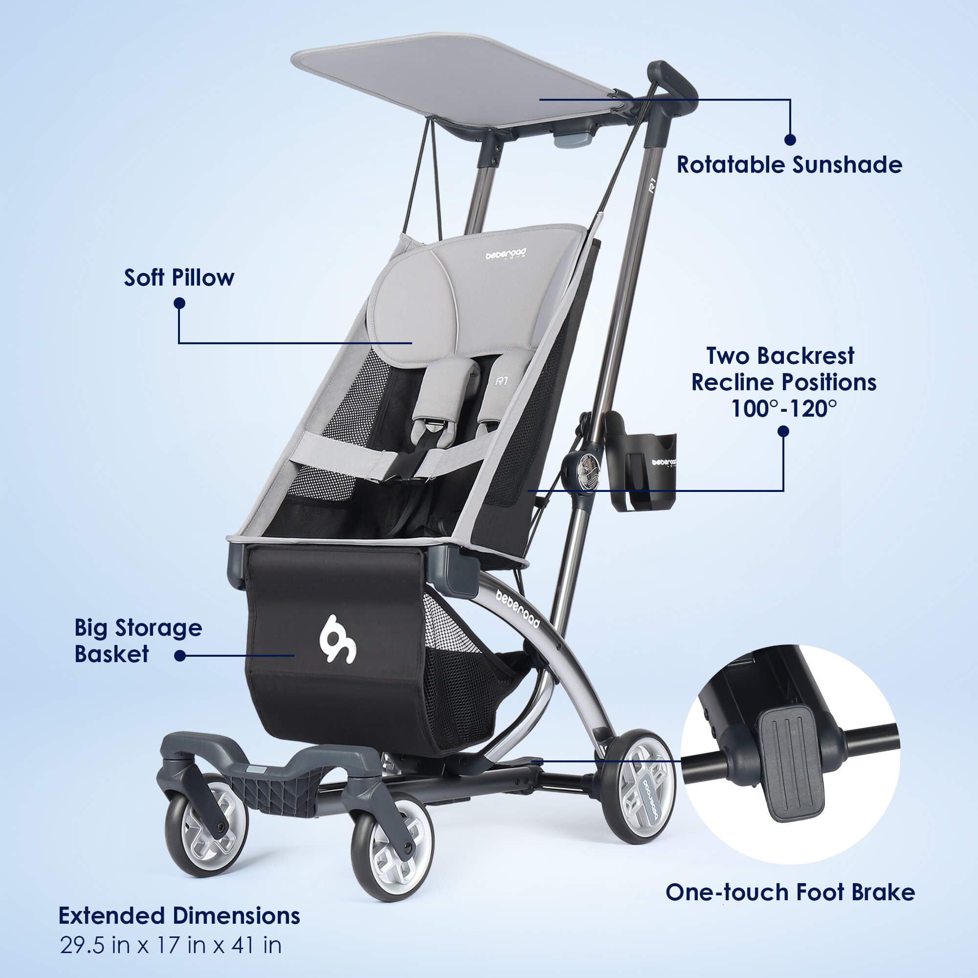 Beberoad R1 Baby Stroller | Auto-Folding | Single or Double Travel Stroller