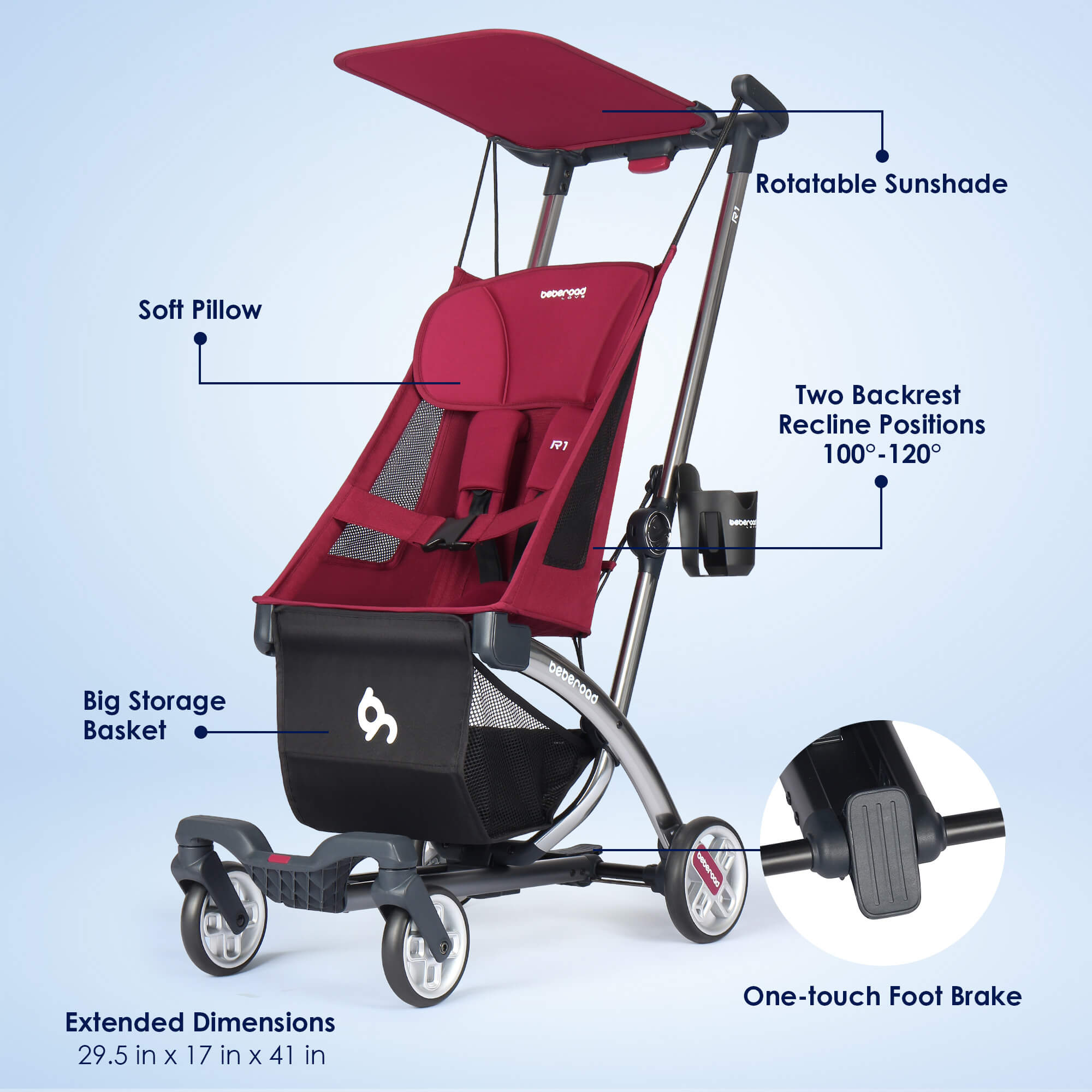 Beberoad R1 Baby Stroller | Auto-Folding | Single or Double Travel Stroller