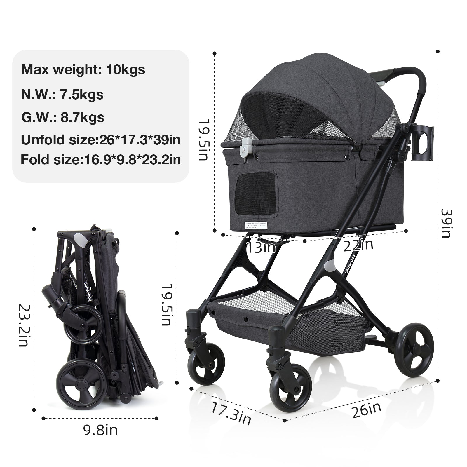 Beberoad R4 Small Pet Stroller | with 180° Canopy | Lightweight | Folding