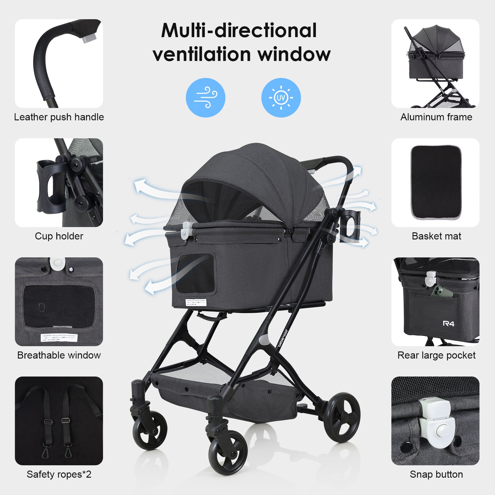 Beberoad R4 Small Pet Stroller | with 180° Canopy | Lightweight | Folding