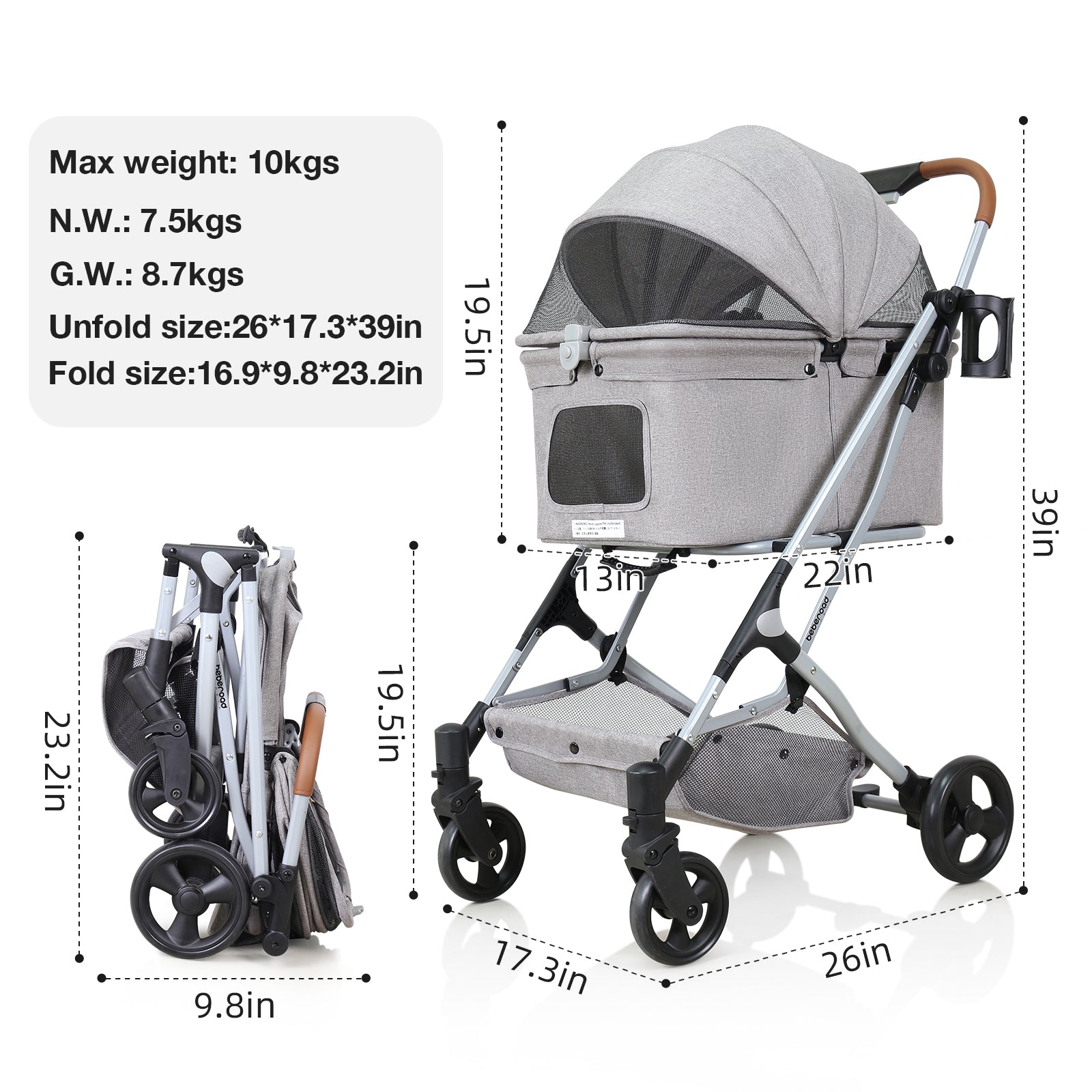 Beberoad R4 Small Pet Stroller | with 180° Canopy | Lightweight | Folding