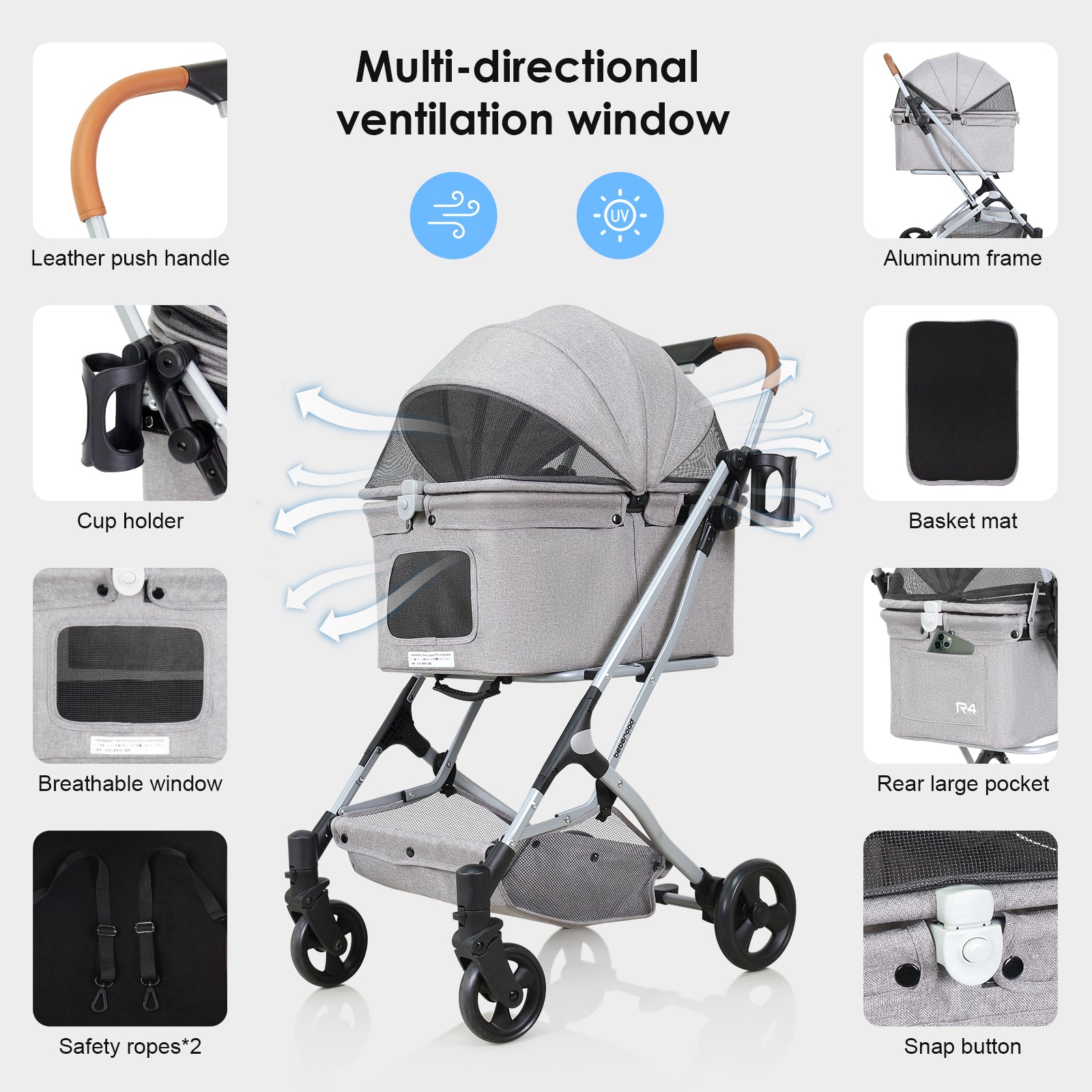 Beberoad R4 Small Pet Stroller | with 180° Canopy | Lightweight | Folding