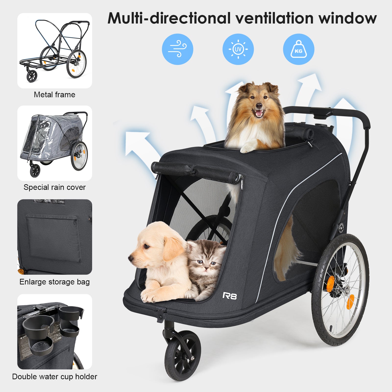 Beberoad R8 Large pet stroller | Foldable | Conveniently Carriable by Bike and Car | for Large Pets