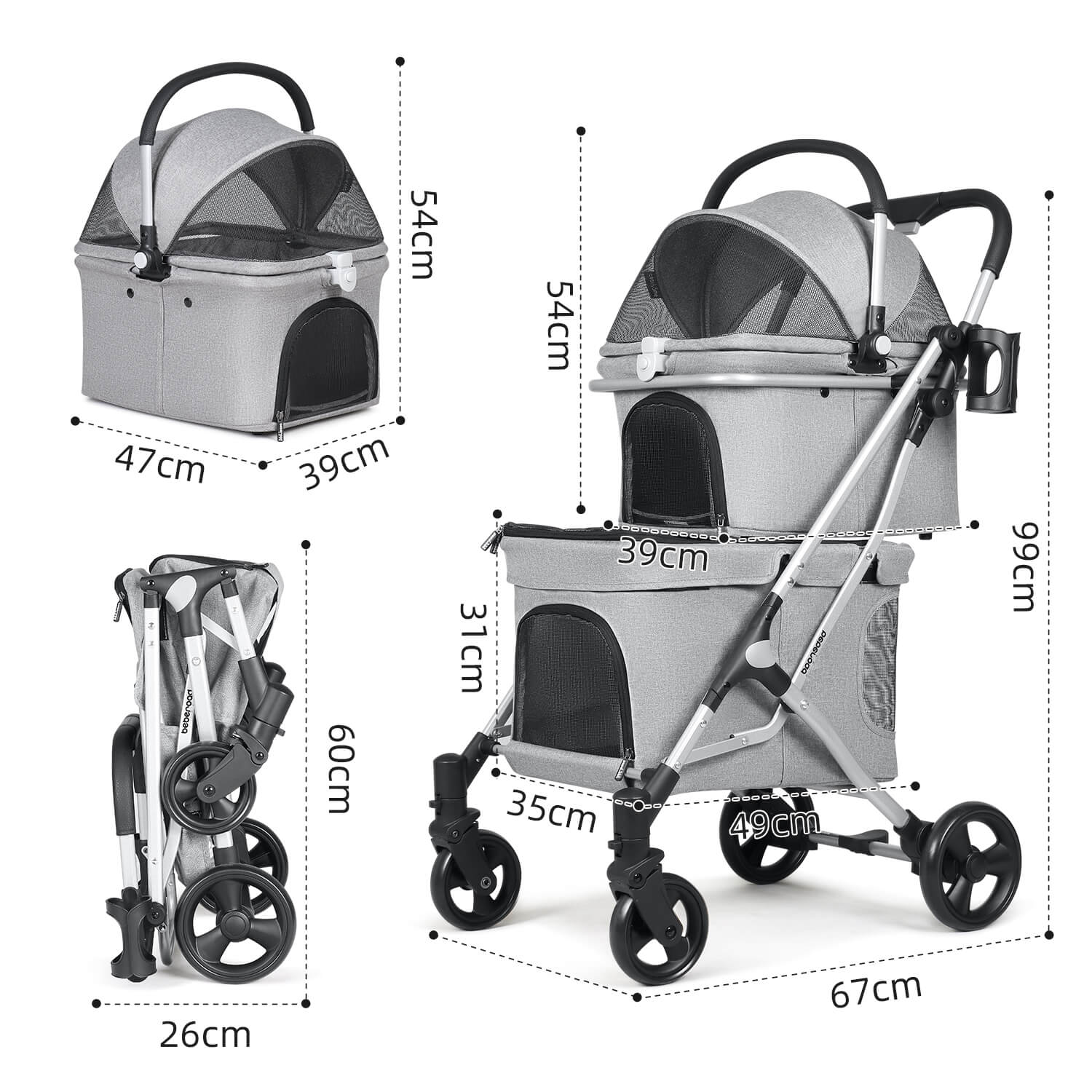 Beberoad T1 Double Pet Stroller | Lightweight Foldable | with Detachable