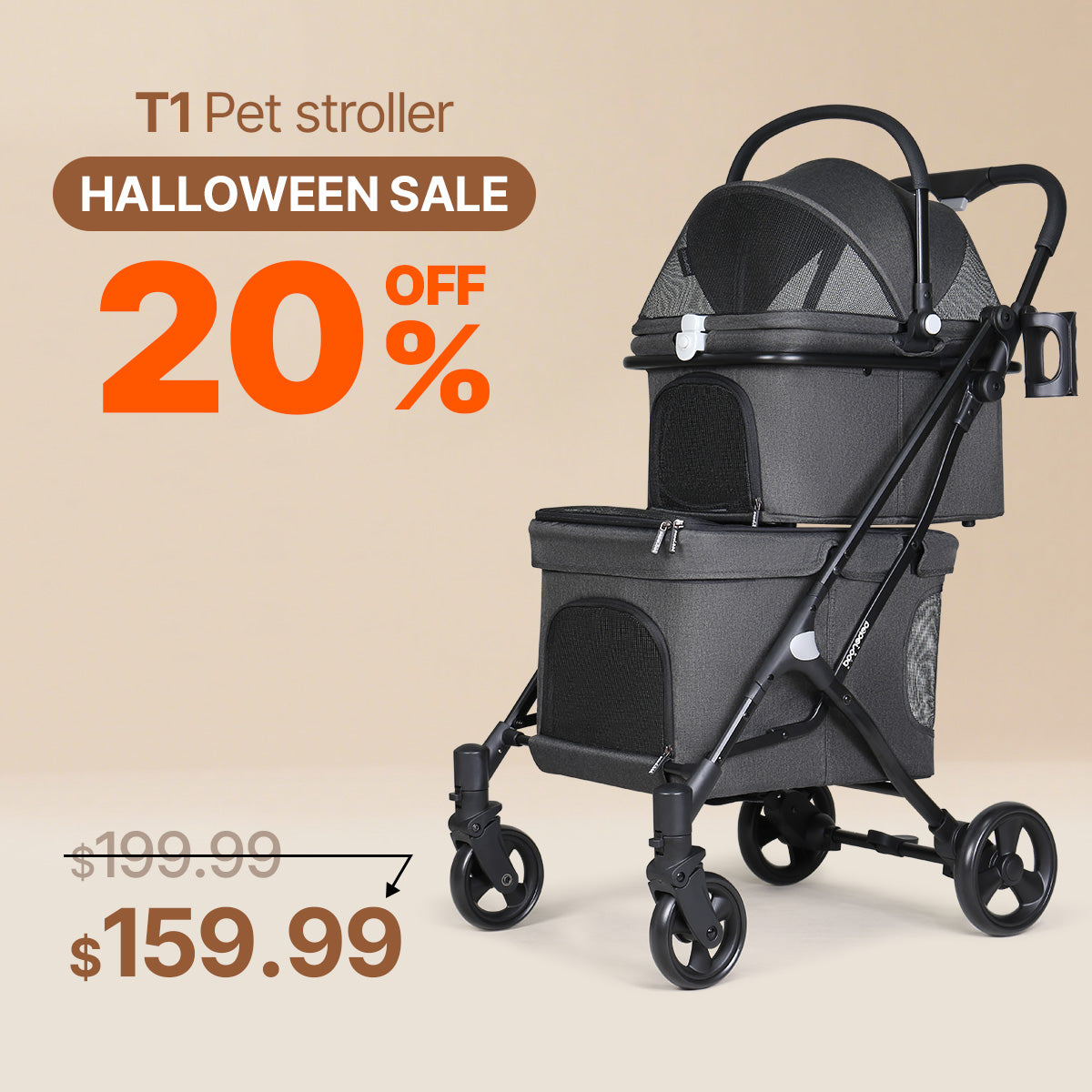 Beberoad T1 Double Pet Stroller | Lightweight Foldable | with Detachable