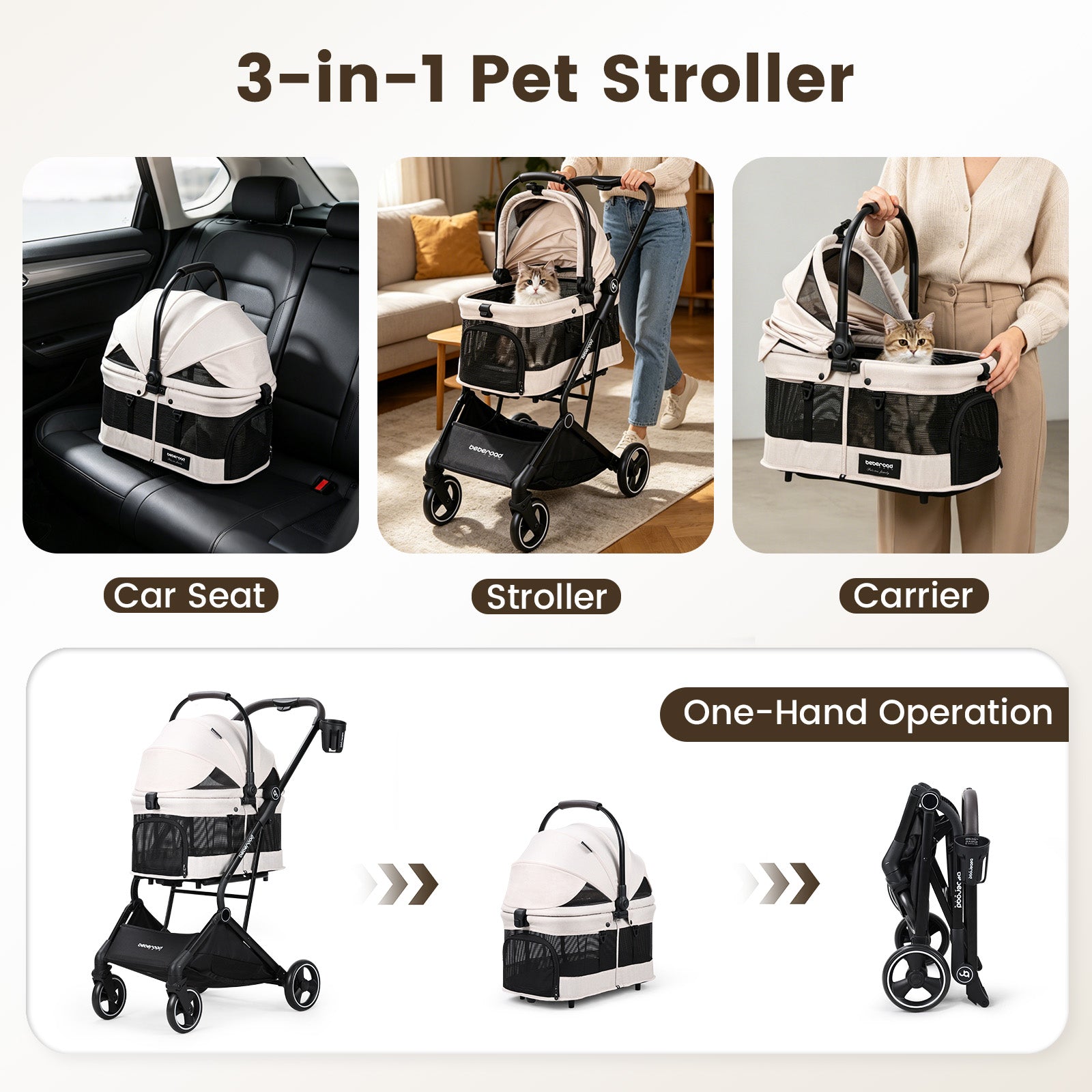 Beberoad T3 3-in-1 Pet Stroller | Detachable Carrier | with Pad, Canopy and Cup Holder