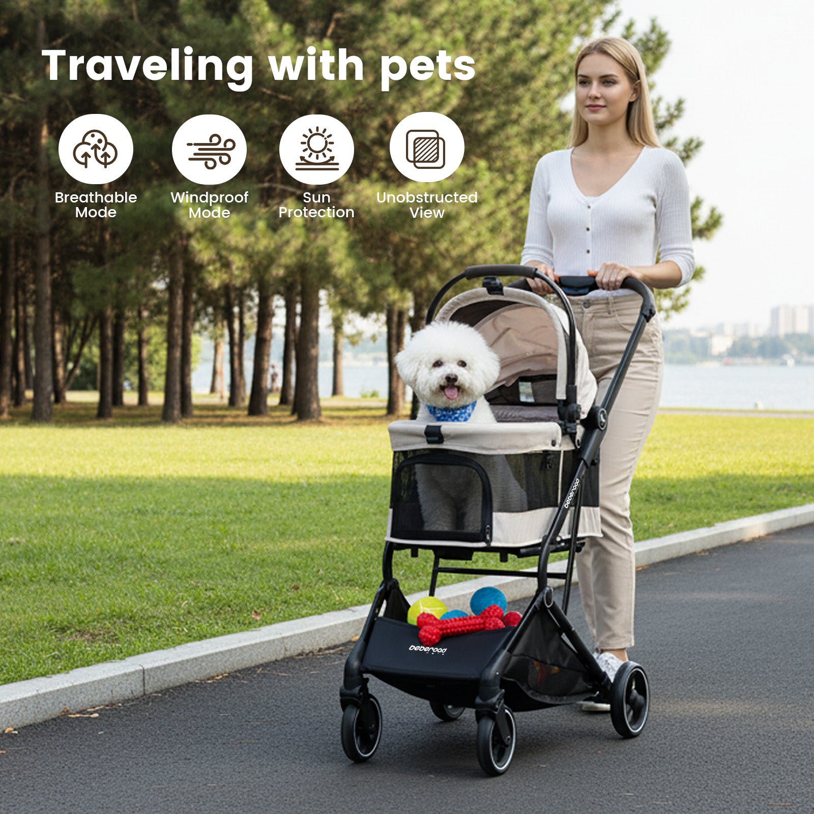Beberoad T3 3-in-1 Pet Stroller | Detachable Carrier | with Pad, Canopy and Cup Holder