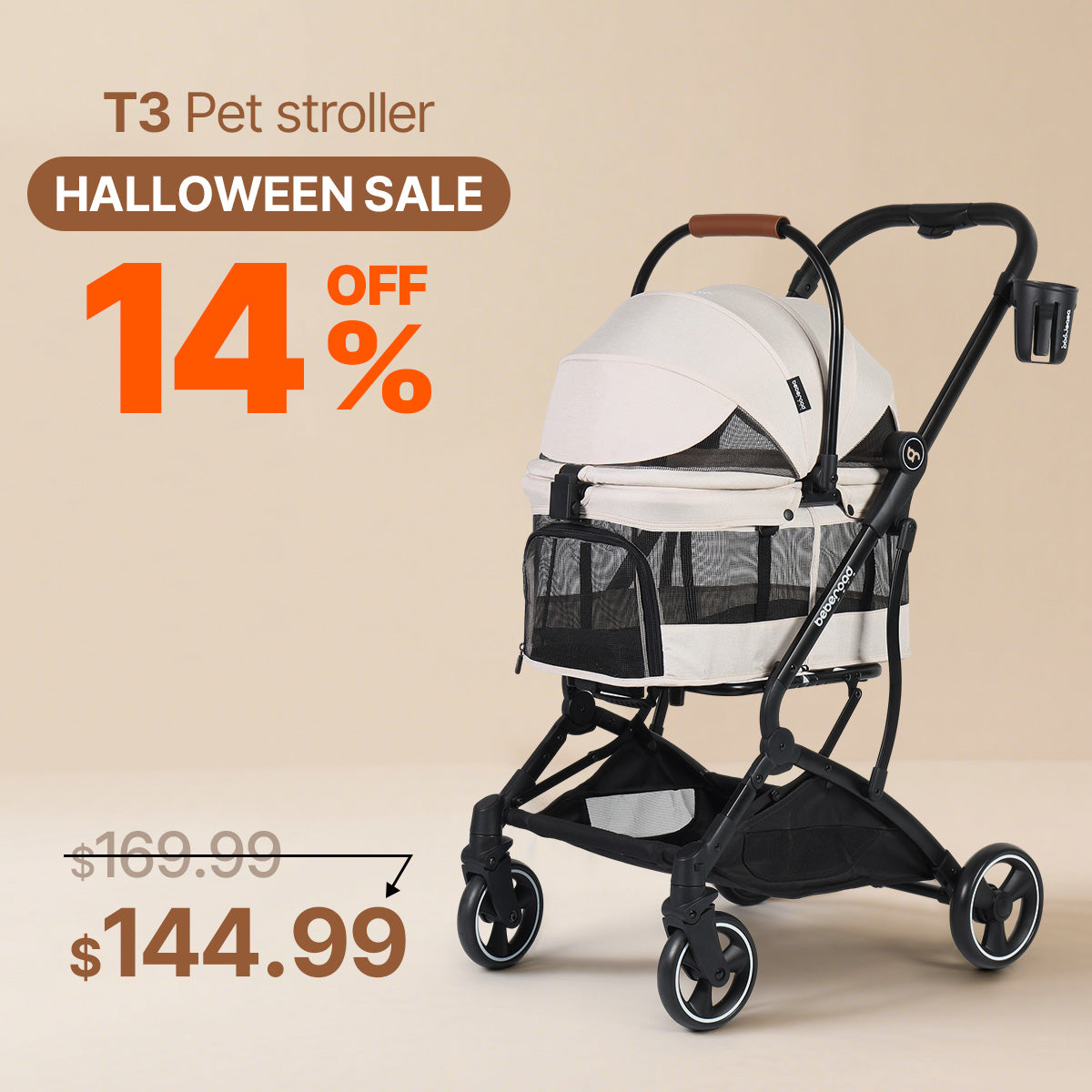 Beberoad T3 3-in-1 Pet Stroller | Detachable Carrier | with Pad, Canopy and Cup Holder