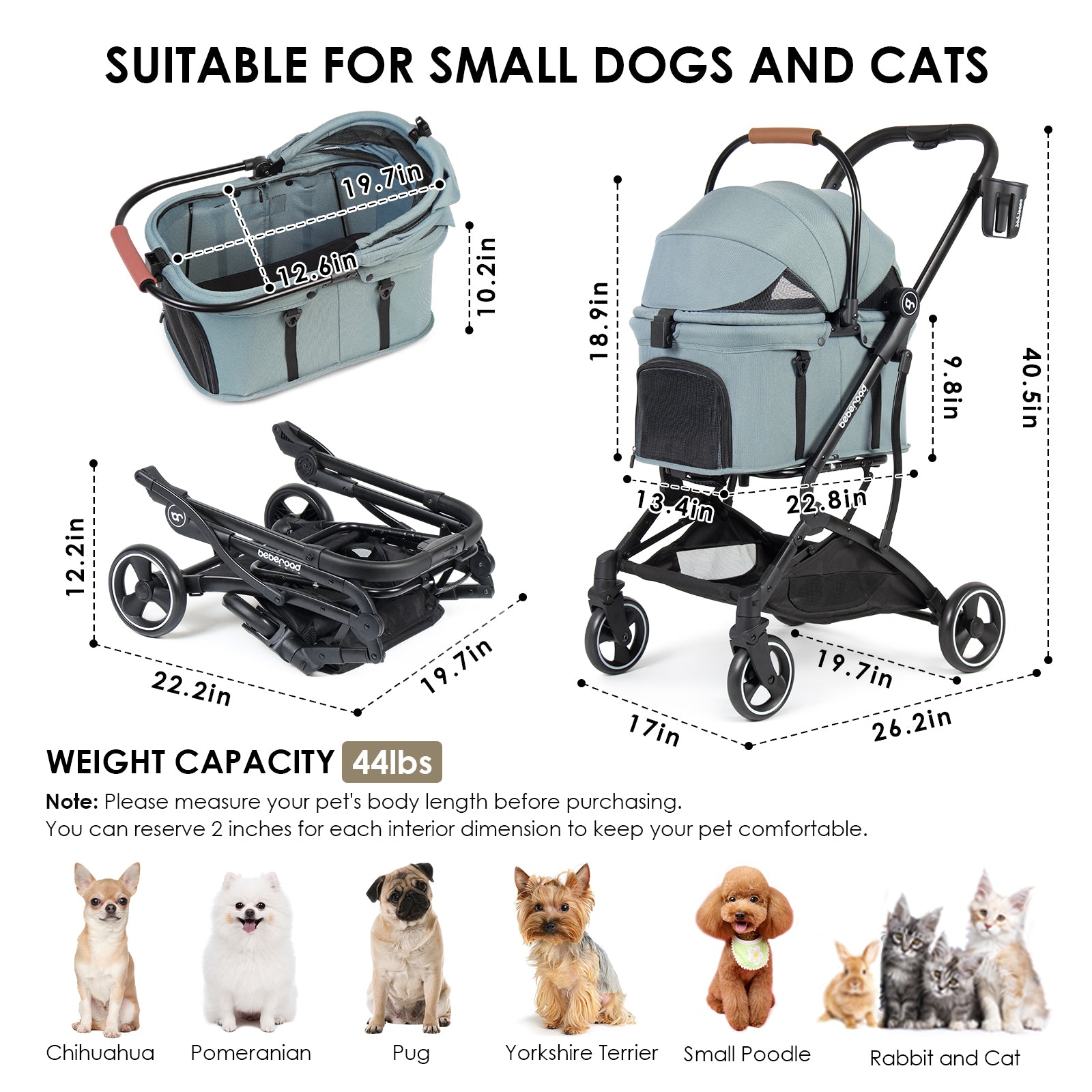 Beberoad T3 3-in-1 Pet Stroller | Detachable Carrier | with Pad, Canopy and Cup Holder
