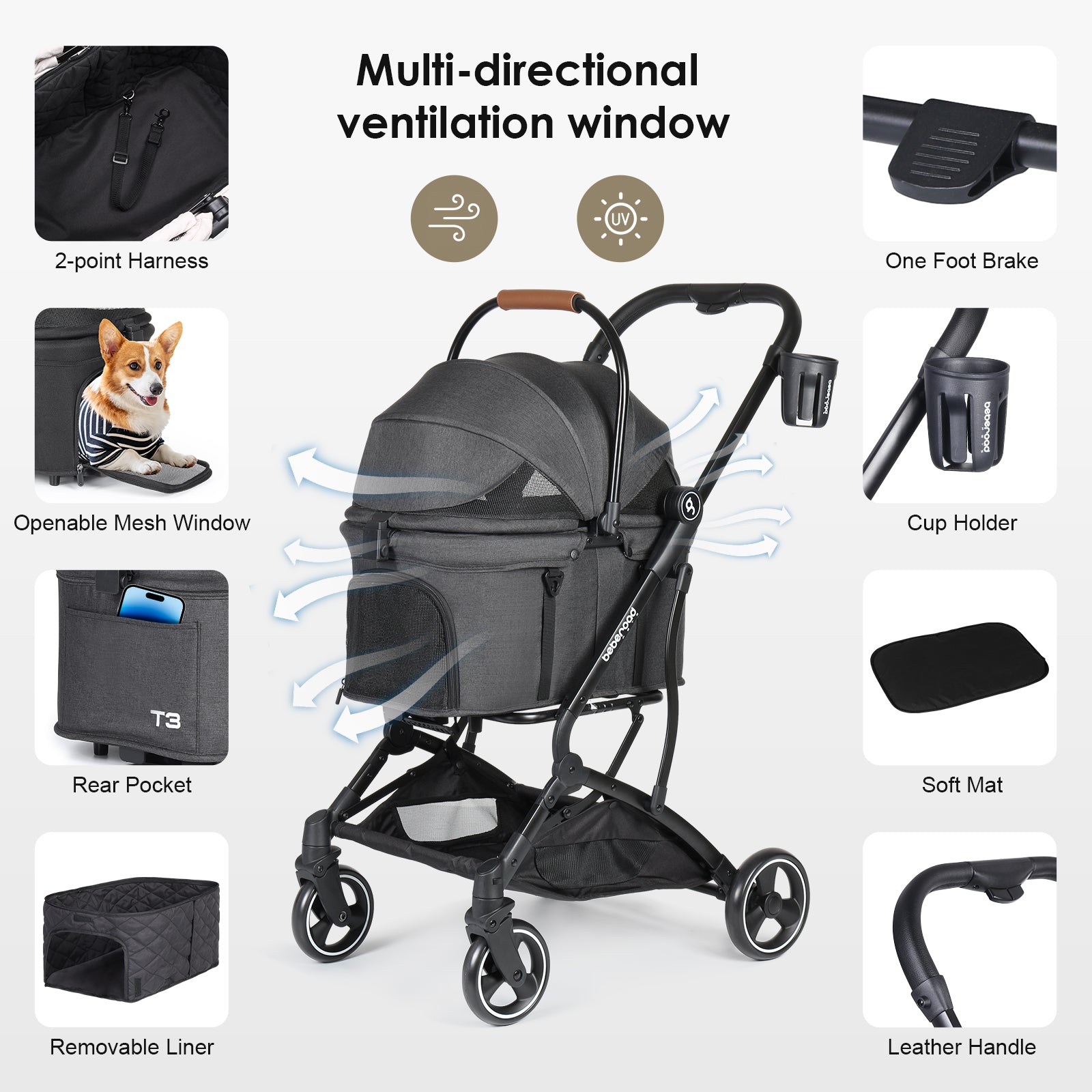 Beberoad T3 3-in-1 Pet Stroller | Detachable Carrier | with Pad, Canopy and Cup Holder
