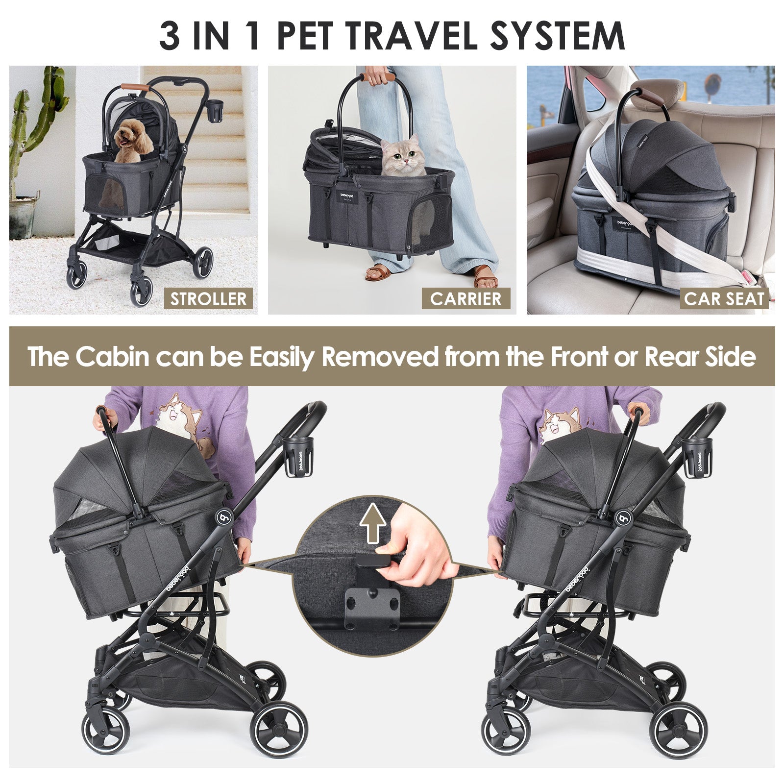 Beberoad T3 3-in-1 Pet Stroller | Detachable Carrier | with Pad, Canopy and Cup Holder