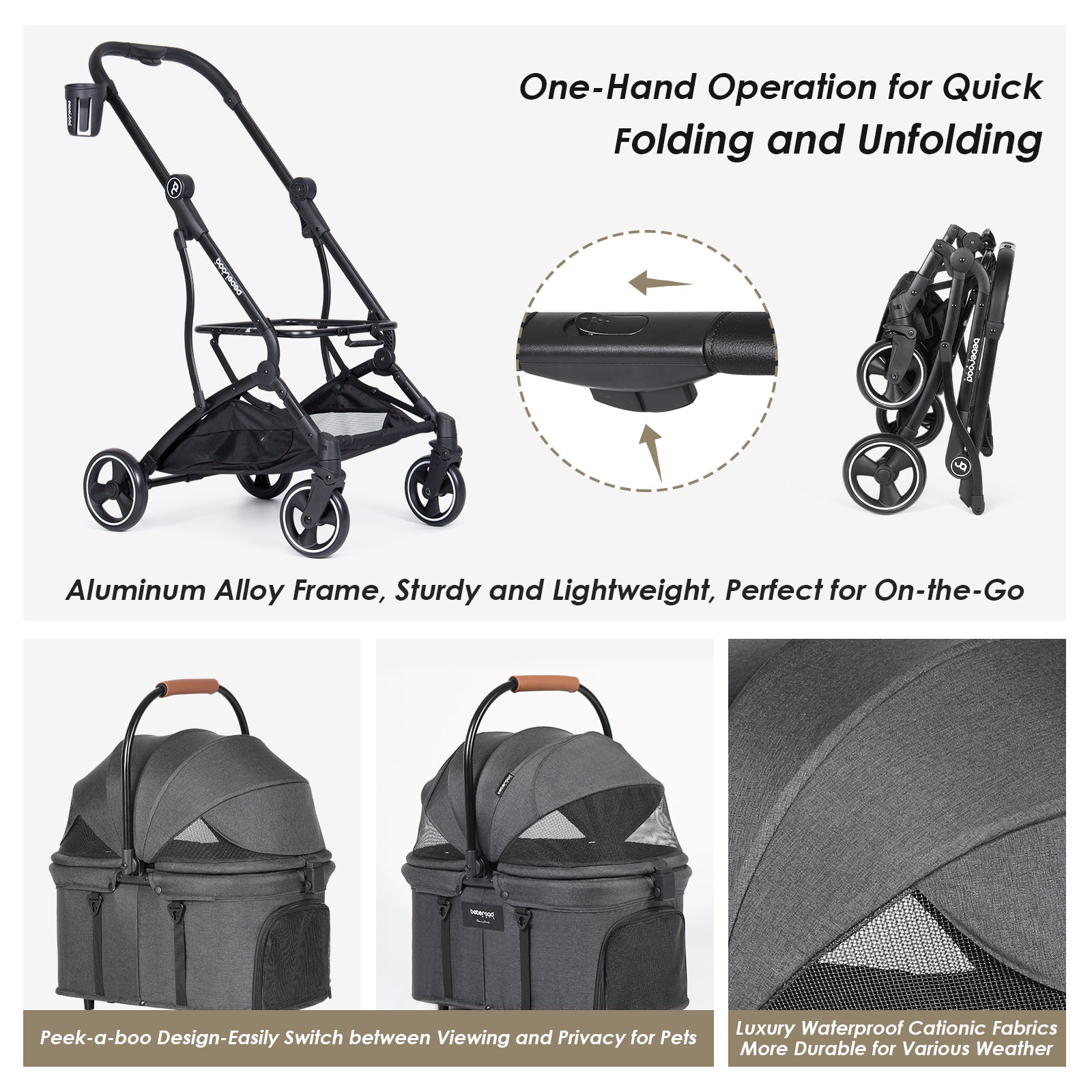 Beberoad T3 3-in-1 Pet Stroller | Detachable Carrier | with Pad, Canopy and Cup Holder