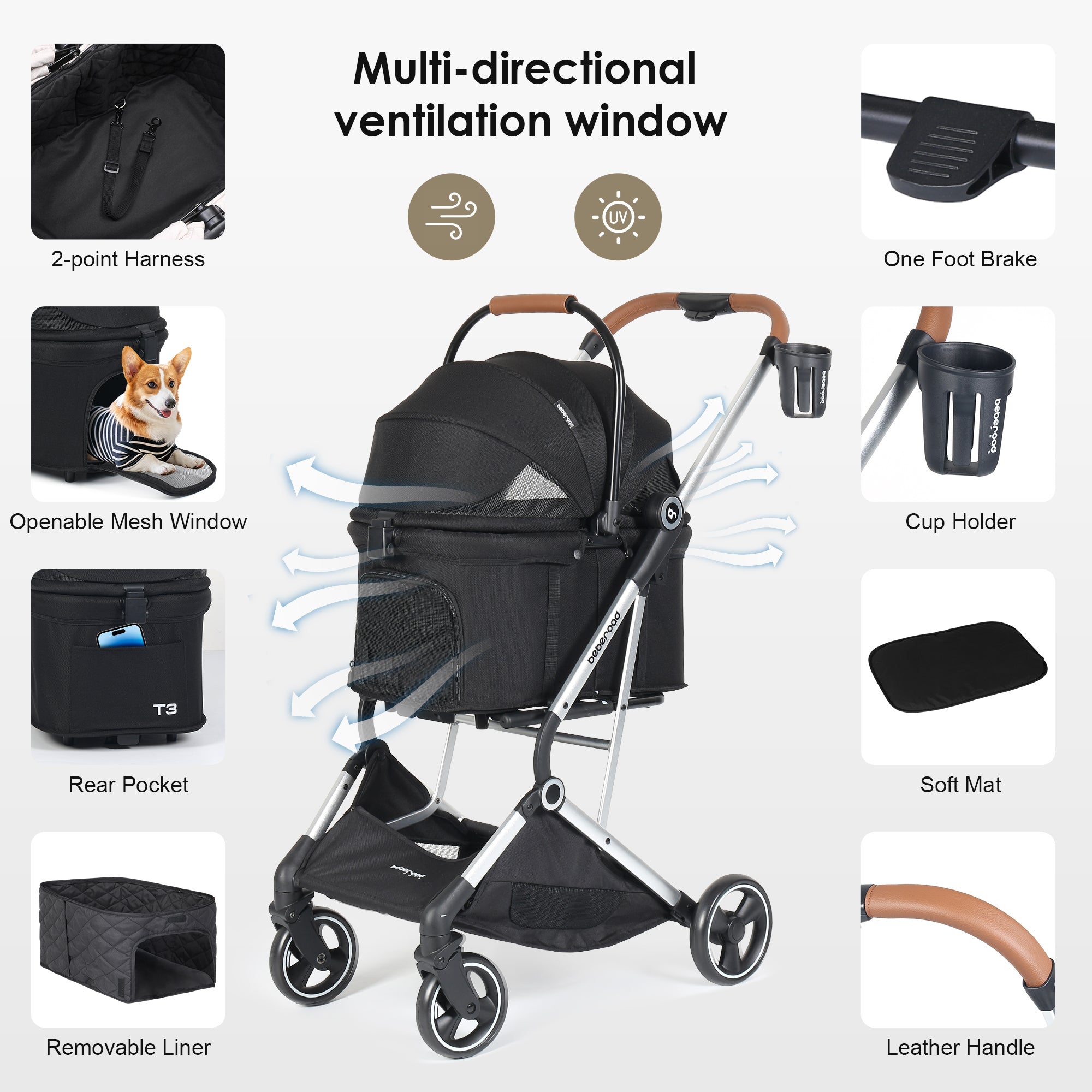 Beberoad T3 Pro Pet Stroller | Detachable Stroller & Carrier | For Small Pet