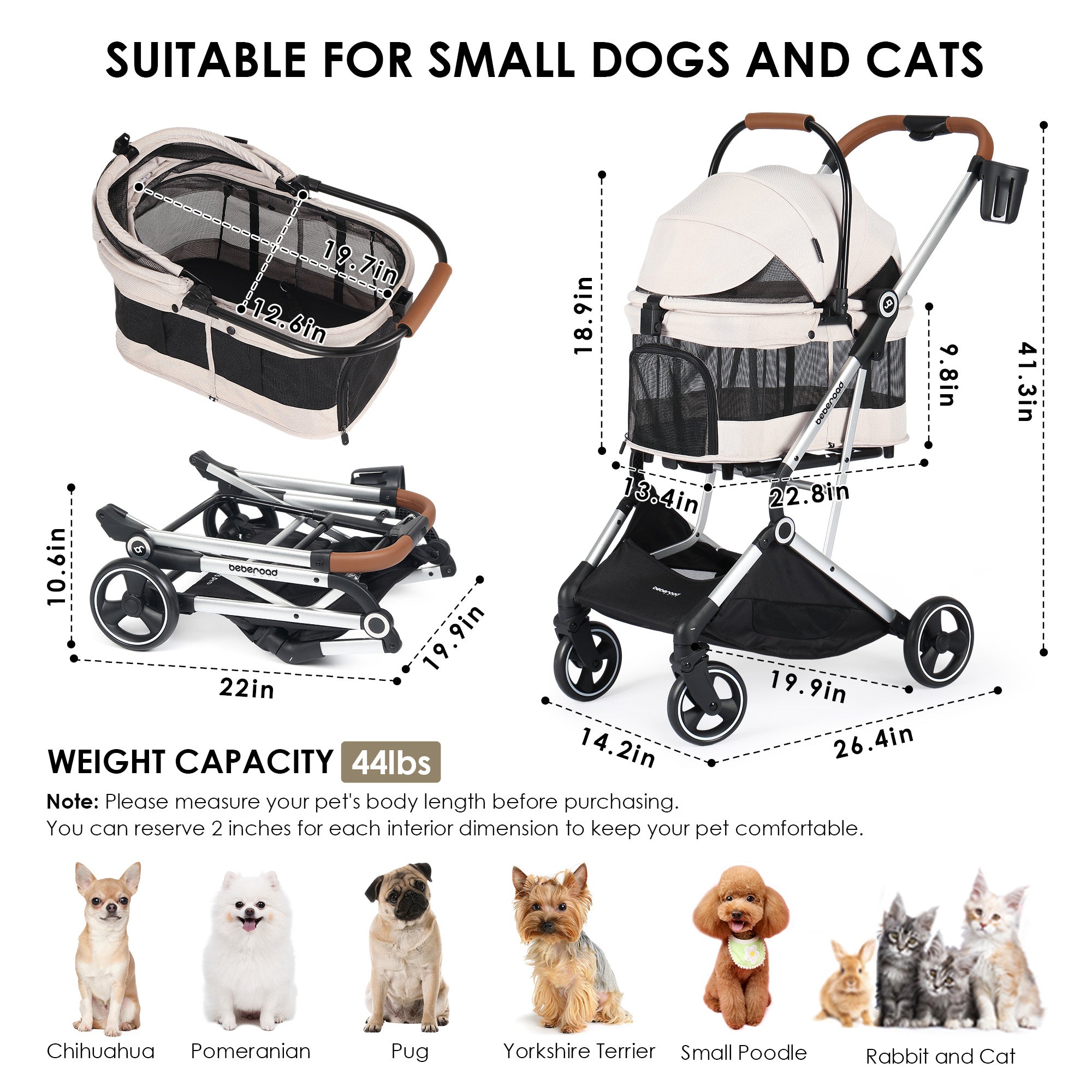 Beberoad T3 Pro Pet Stroller | Detachable Stroller & Carrier | For Small Pet