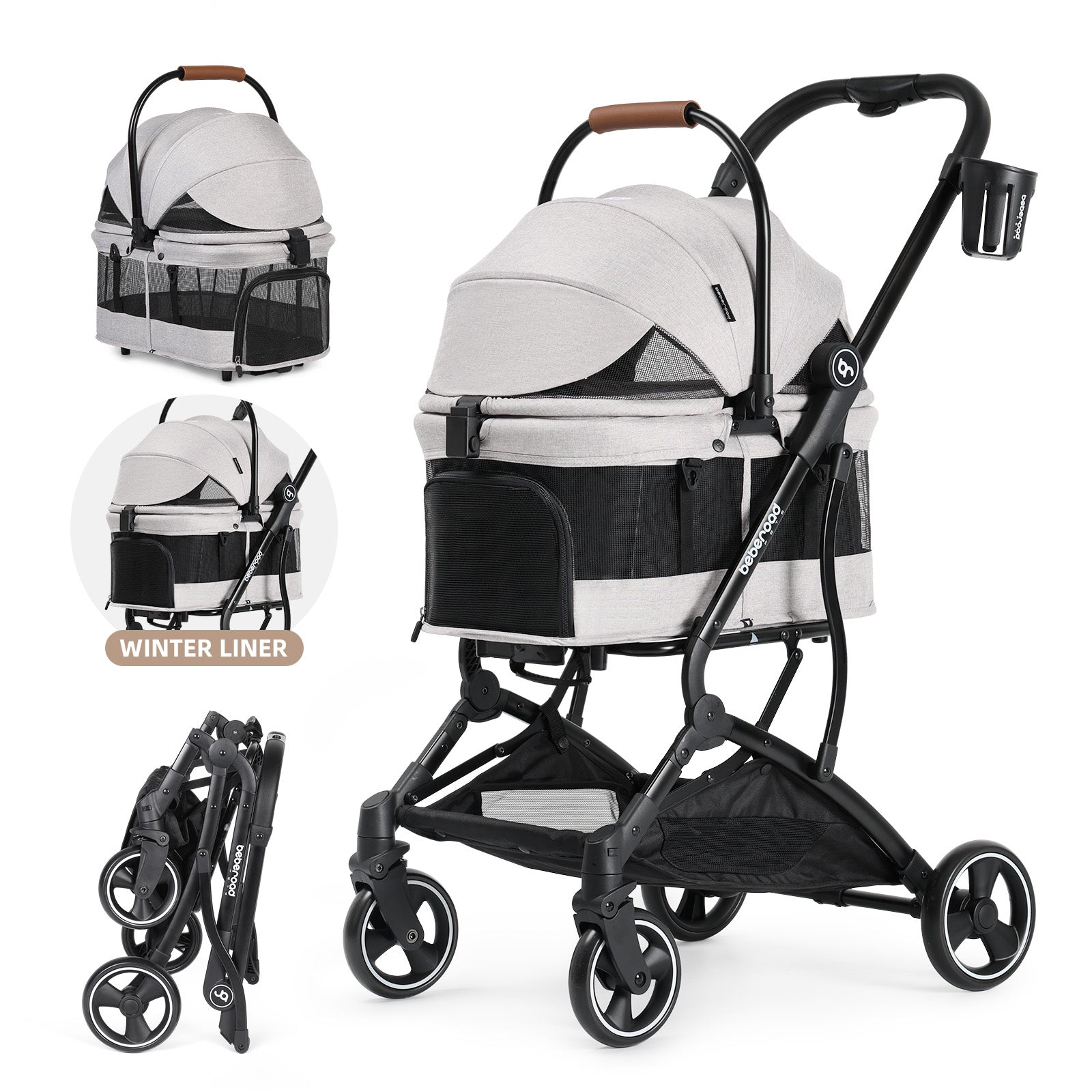 Beberoad T3 3-in-1 Pet Stroller | Detachable Carrier | with Pad, Canopy and Cup Holder
